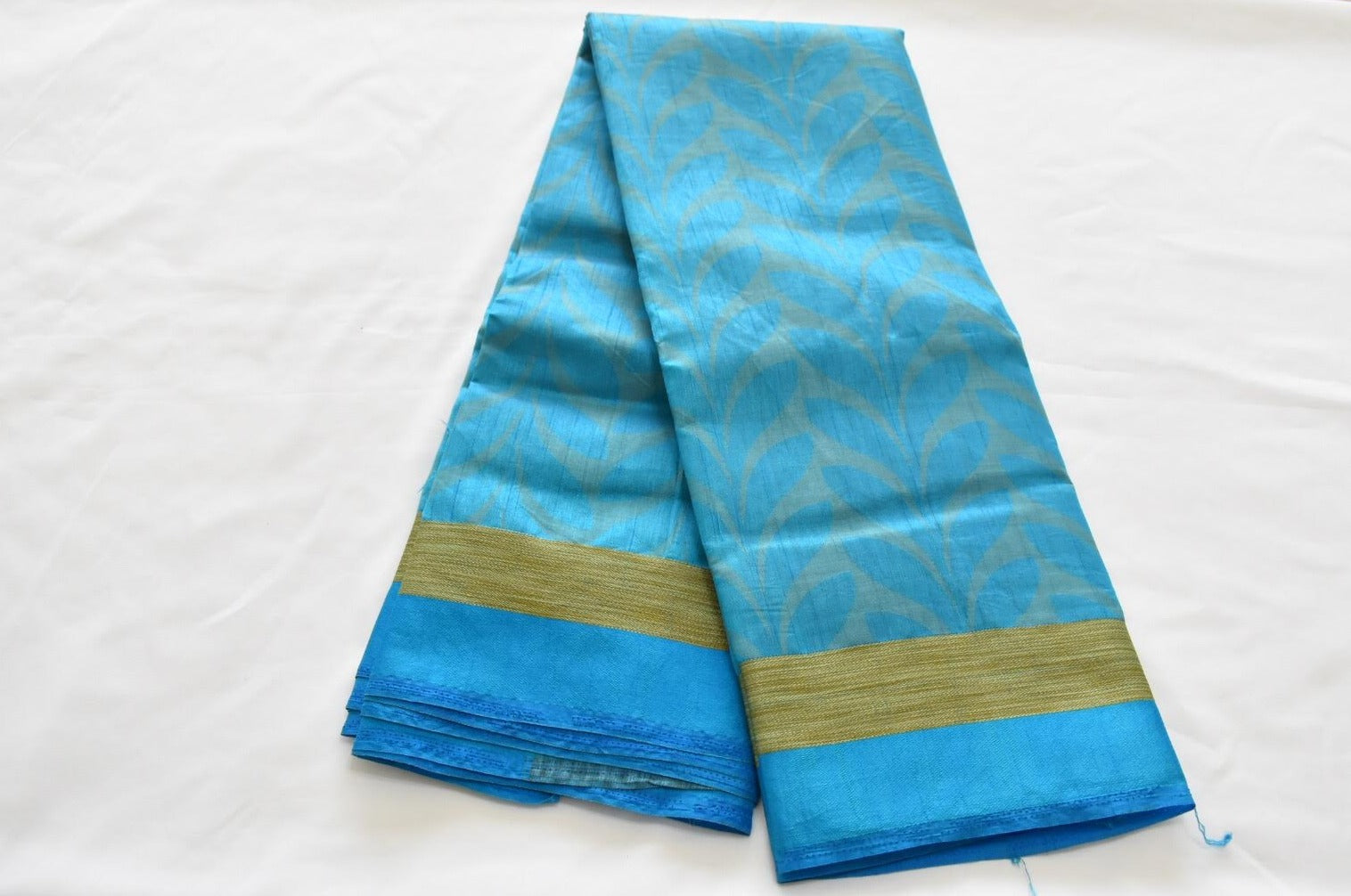 Blue Color - Silk Organza Saree - Leaf Pattern and Gold Thread Border