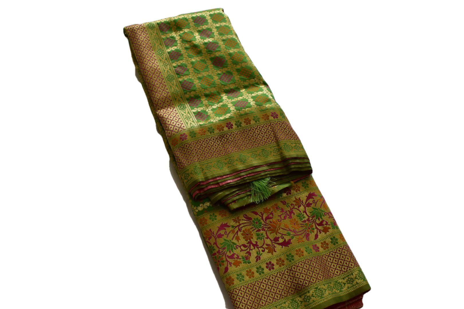 Green IV Color - Silk Patola Kanjipuram Saree  - Silk Zari Thread - Contrast Border
