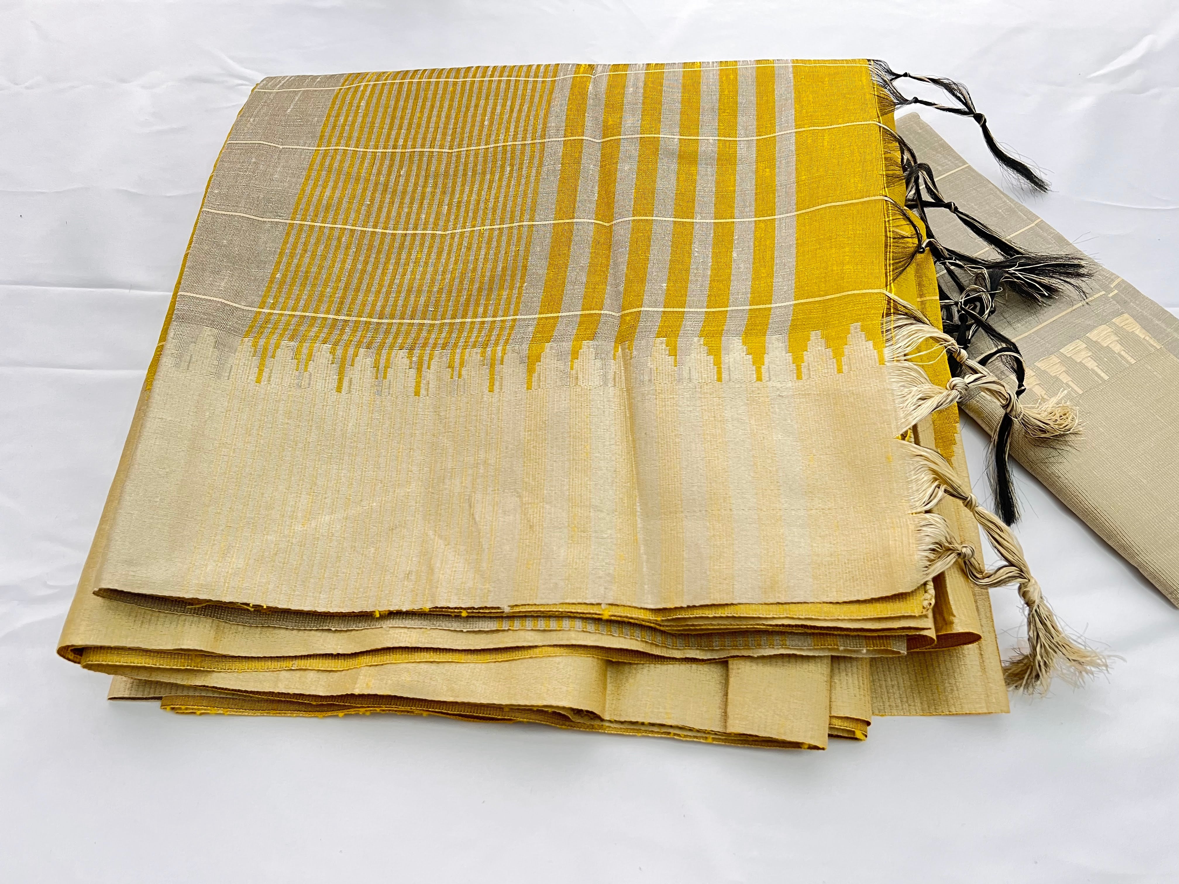 Yellow Color - Raw Silk,  Silk Saree with Tassels