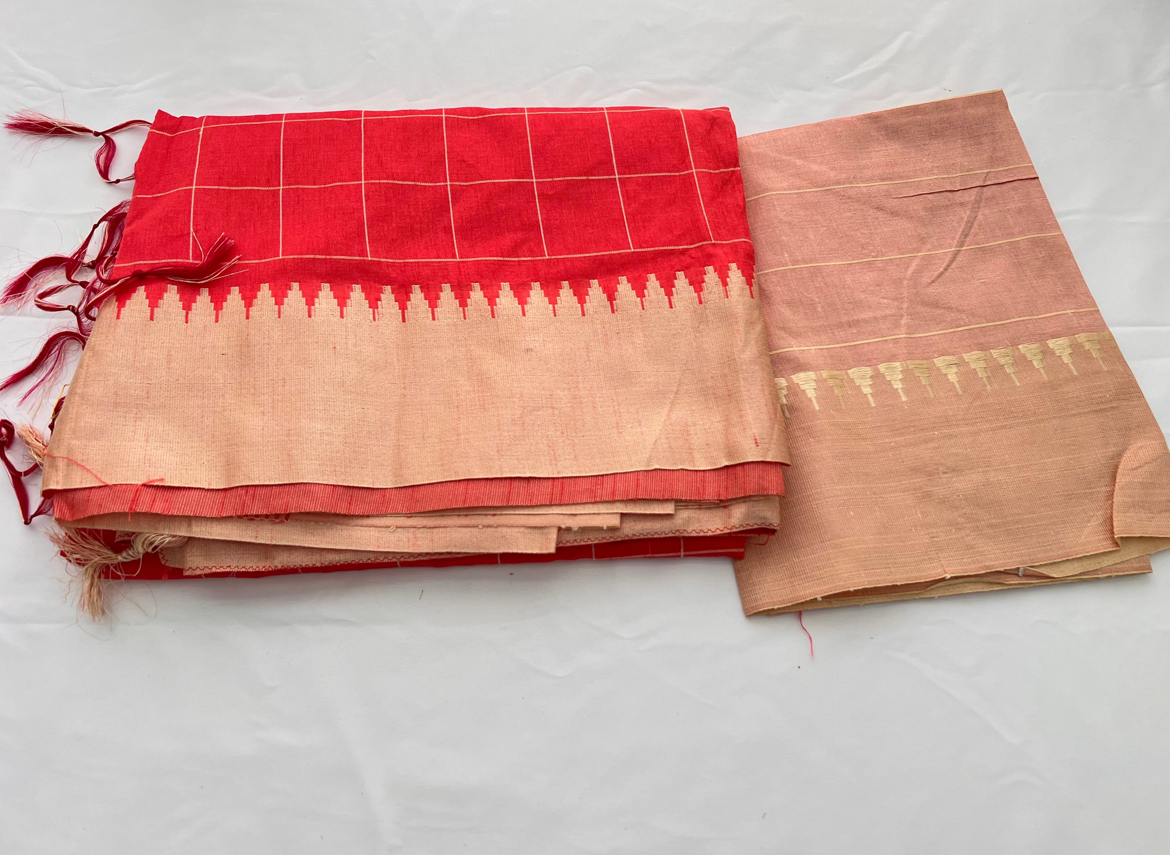 Light Red Color - Raw Silk Soft Silk Saree with Tassels