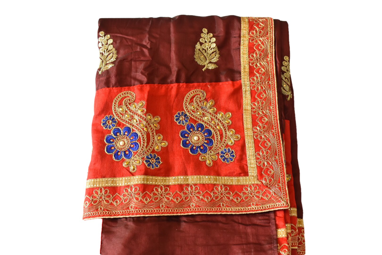 Maroon Red Color - Semi Silk Embroidered Saree - Silk Thread, Saree blouse stitched size 32 included.