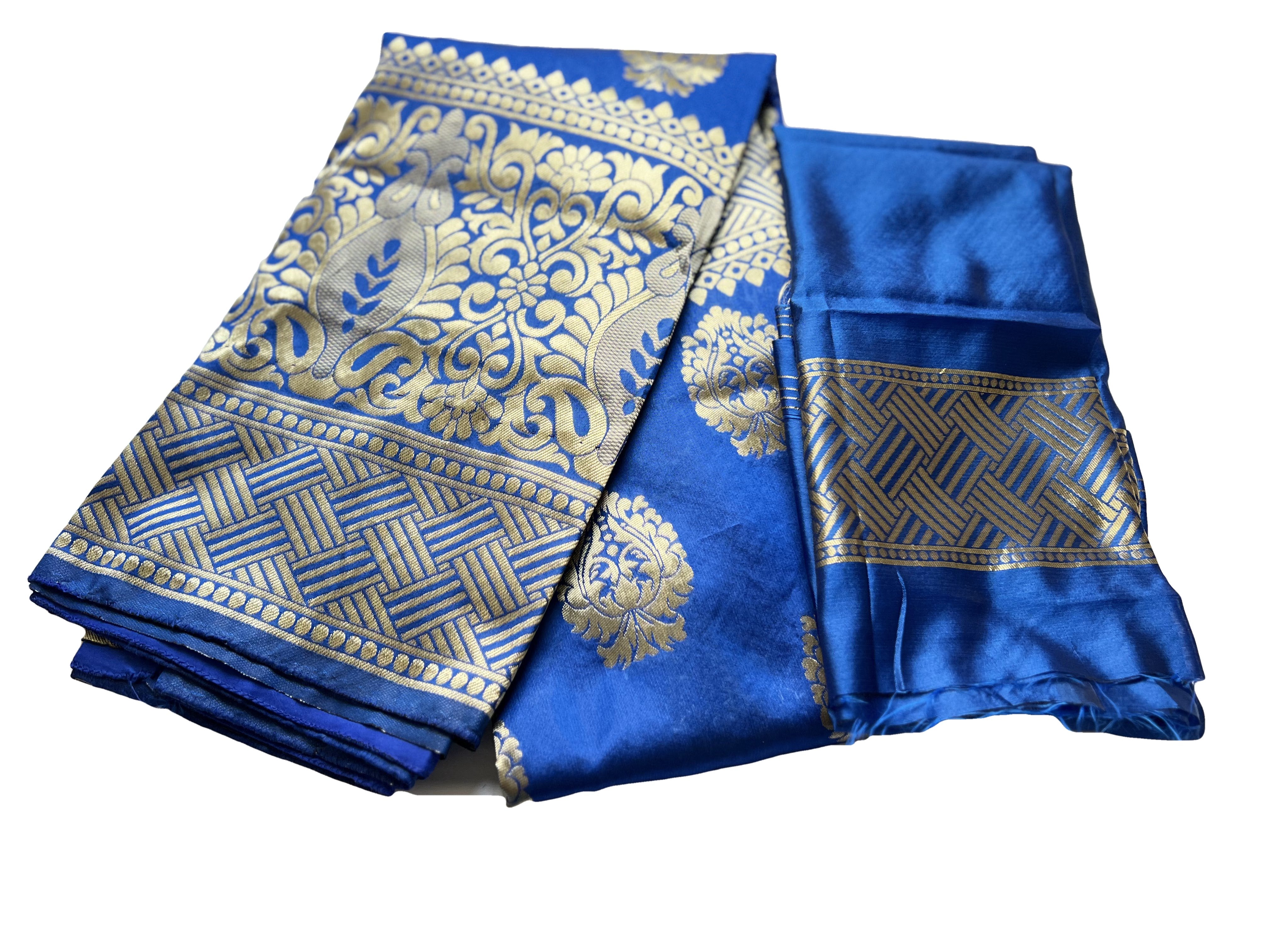 Blue Color - Light Weight Banaras Silk Saree, Gold Floral Design