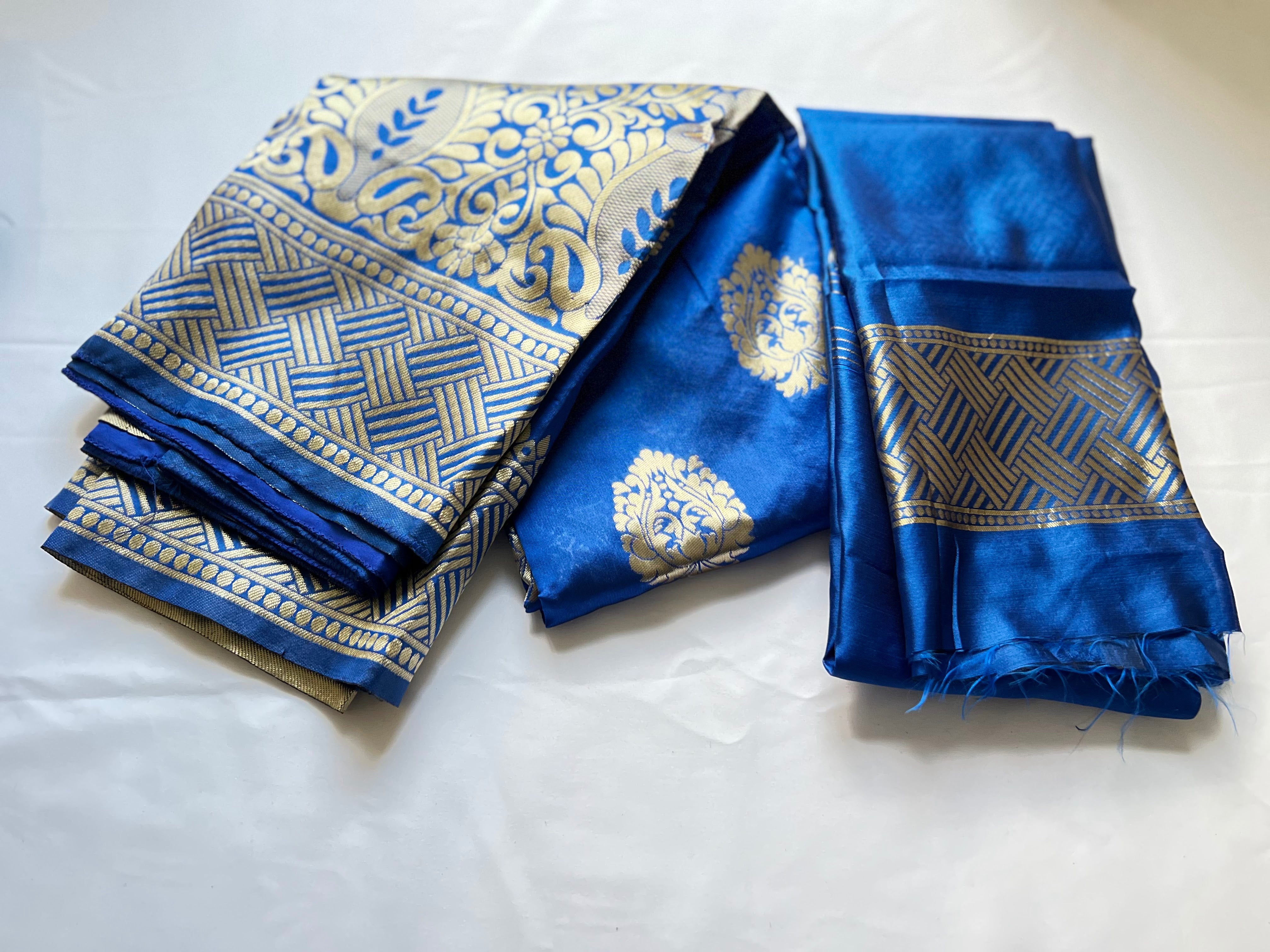 Blue Color - Light Weight Banaras Silk Saree, Gold Floral Design