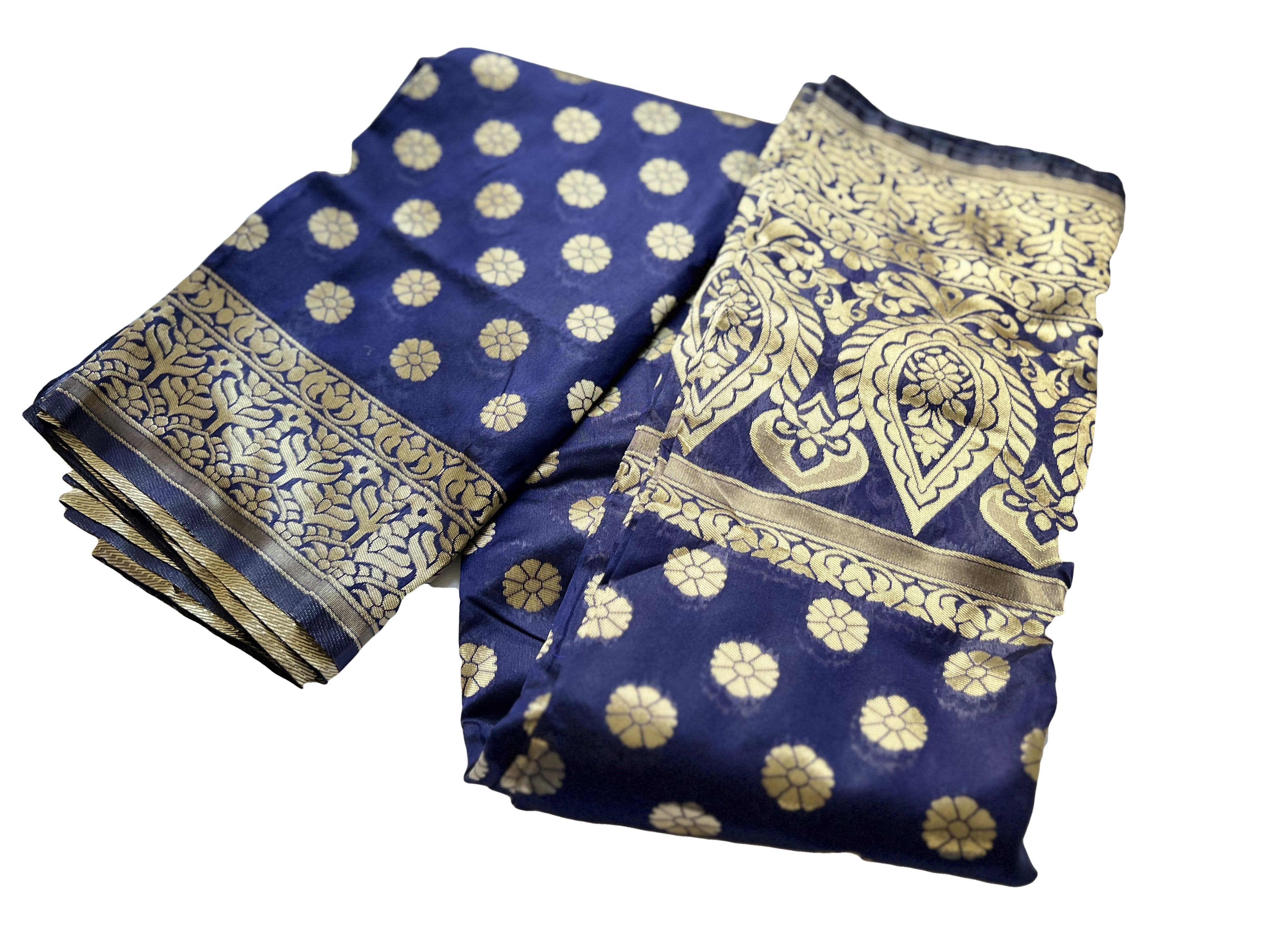 Navy Blue Color - Light Weight Banaras Silk Saree, Gold Floral Design