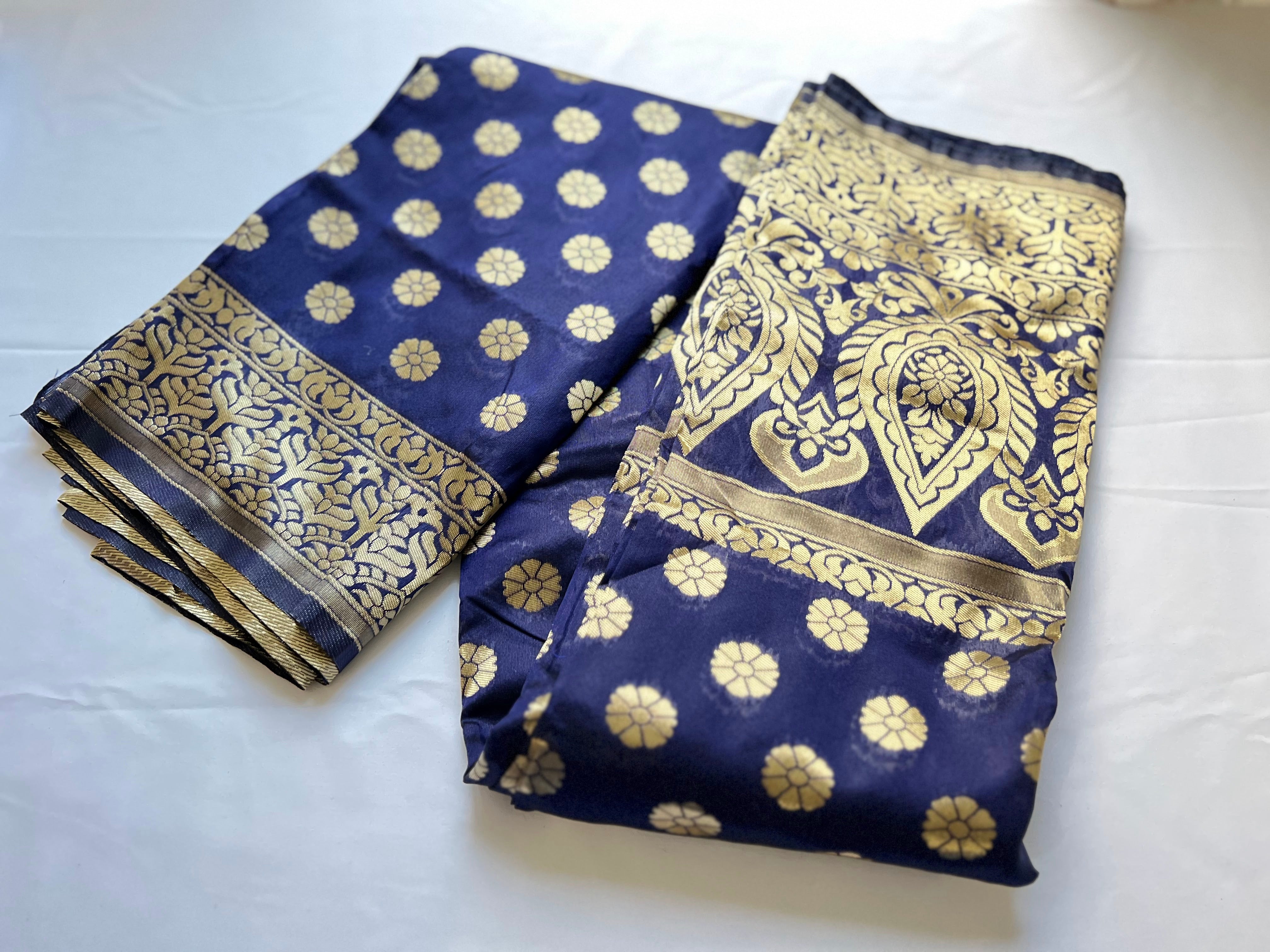 Navy Blue Color - Light Weight Banaras Silk Saree, Gold Floral Design