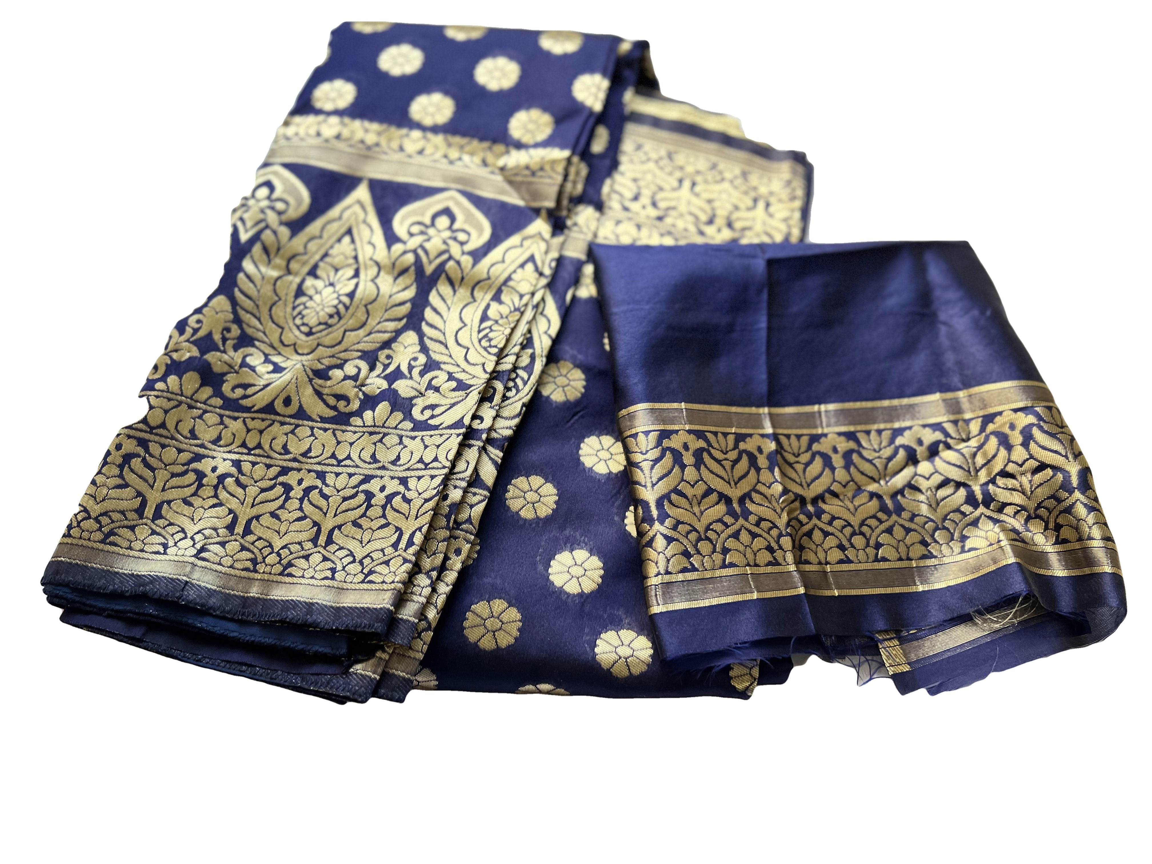 Navy Blue Color - Light Weight Banaras Silk Saree, Gold Floral Design