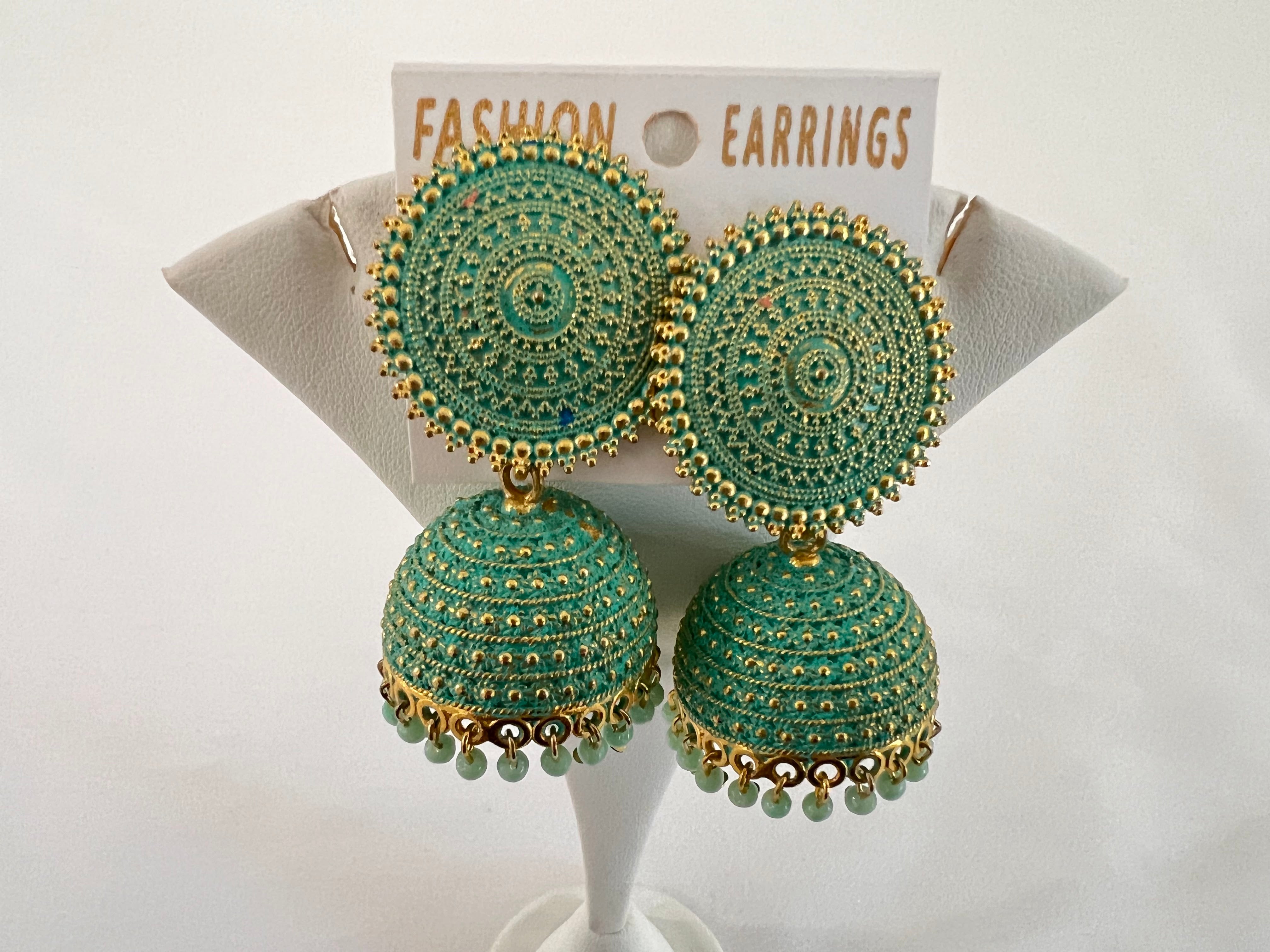 Enamel Artizan Earrings - Green Gold Color Jhumki Earrings