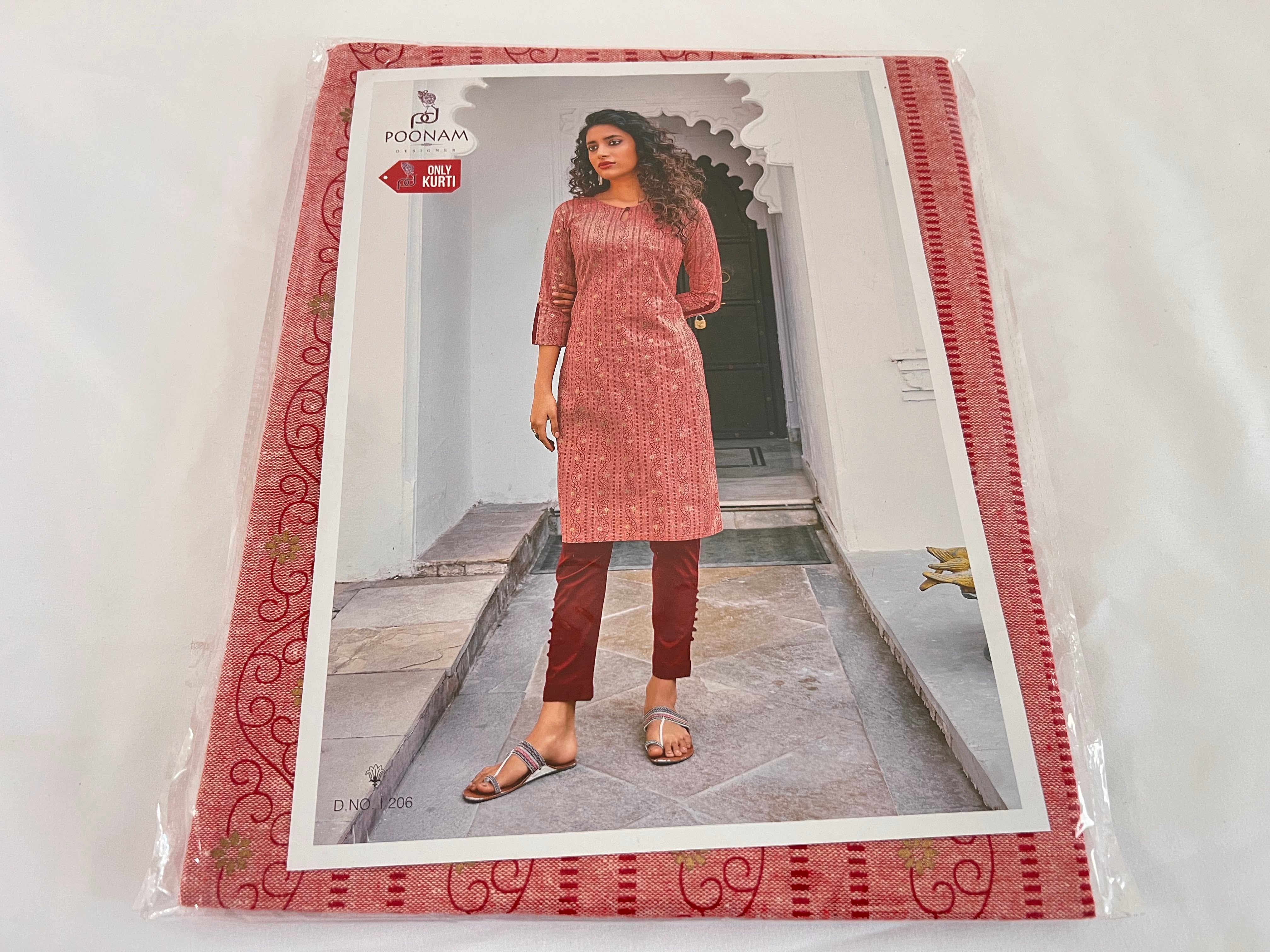 Cotton Printed Tunic Kurti - Straight Style - Knee Length - Light Red Color  Large