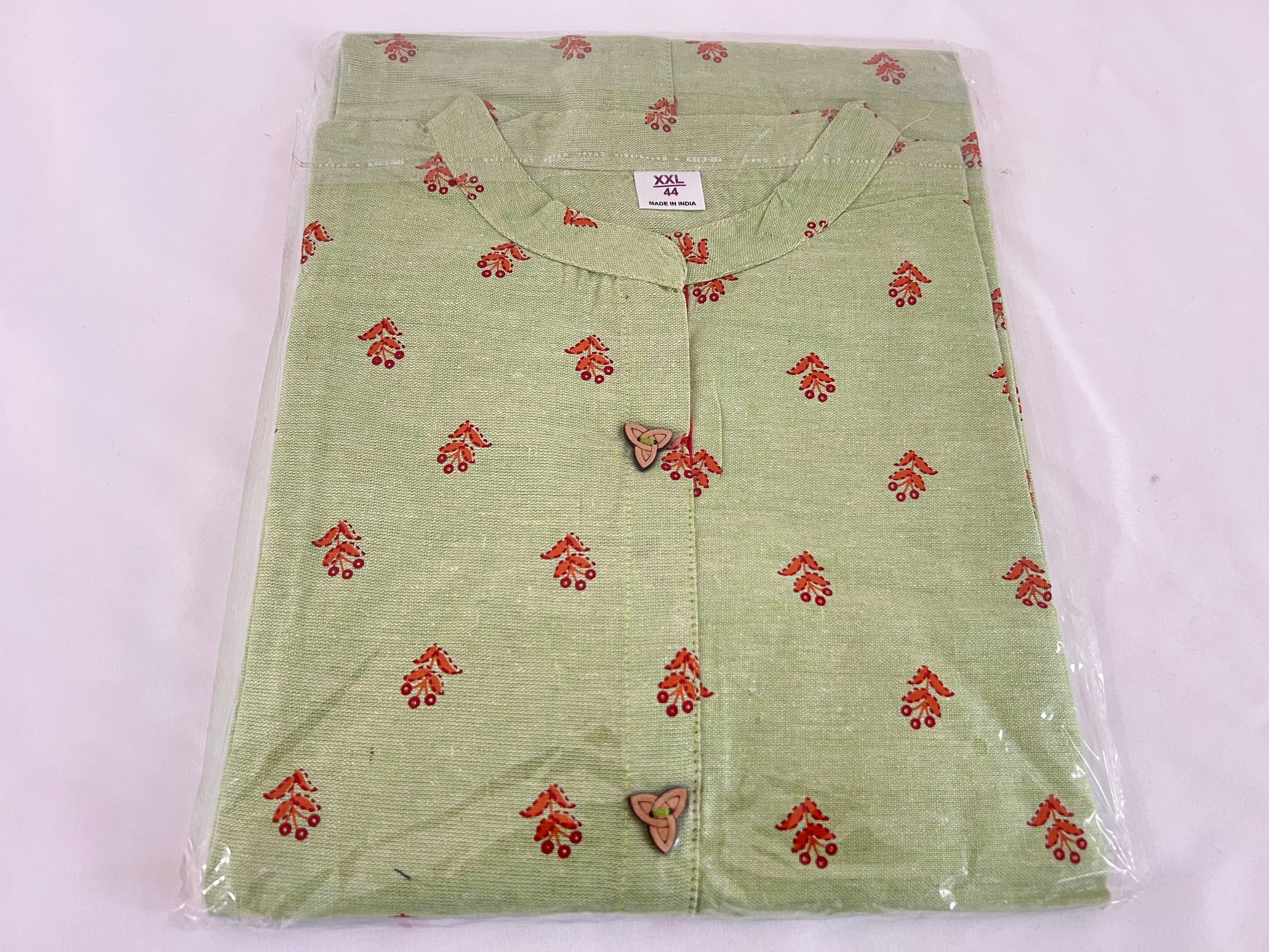 Cotton Printed Tunic Kurti - Straight Style - Knee Length - Green Color  Large