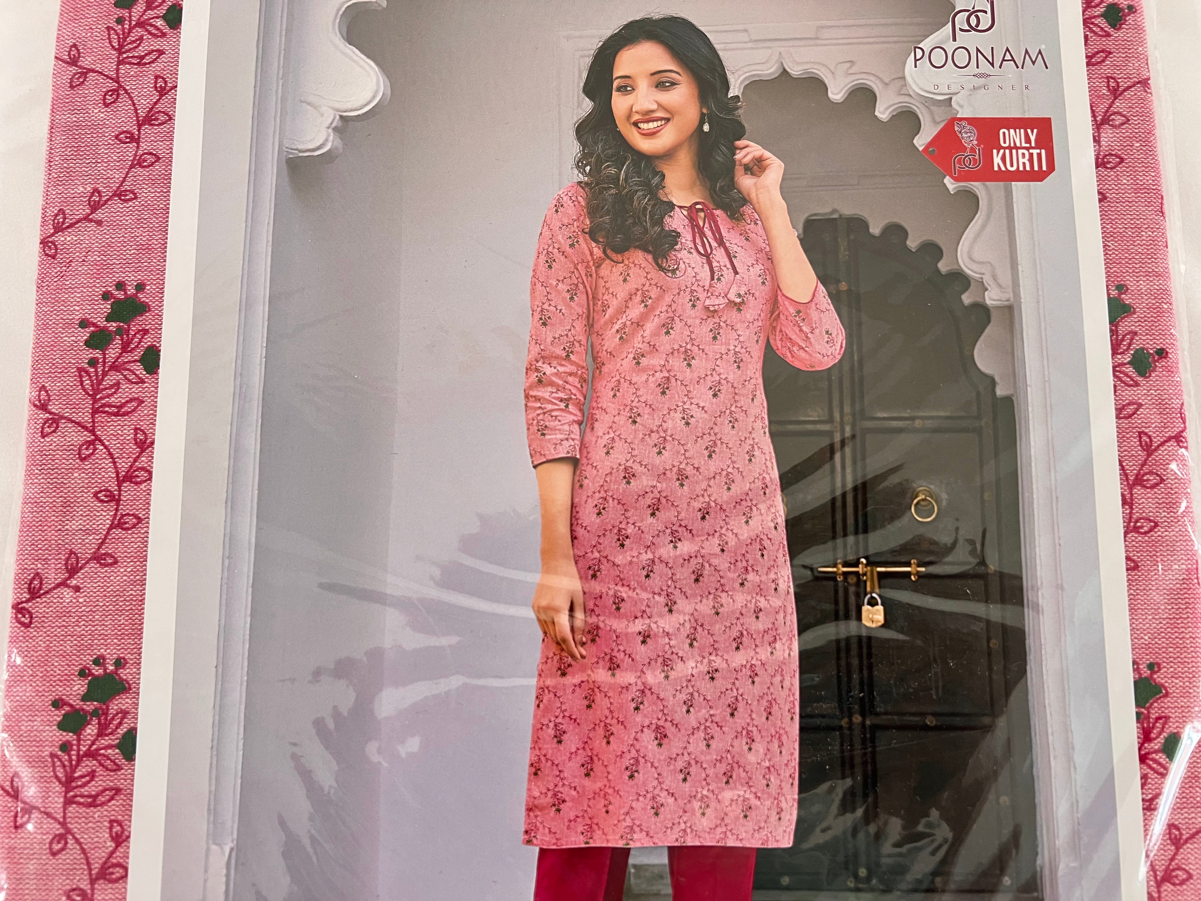 Cotton Printed Tunic Kurti - Straight Style - Knee Length - Pink Color Large