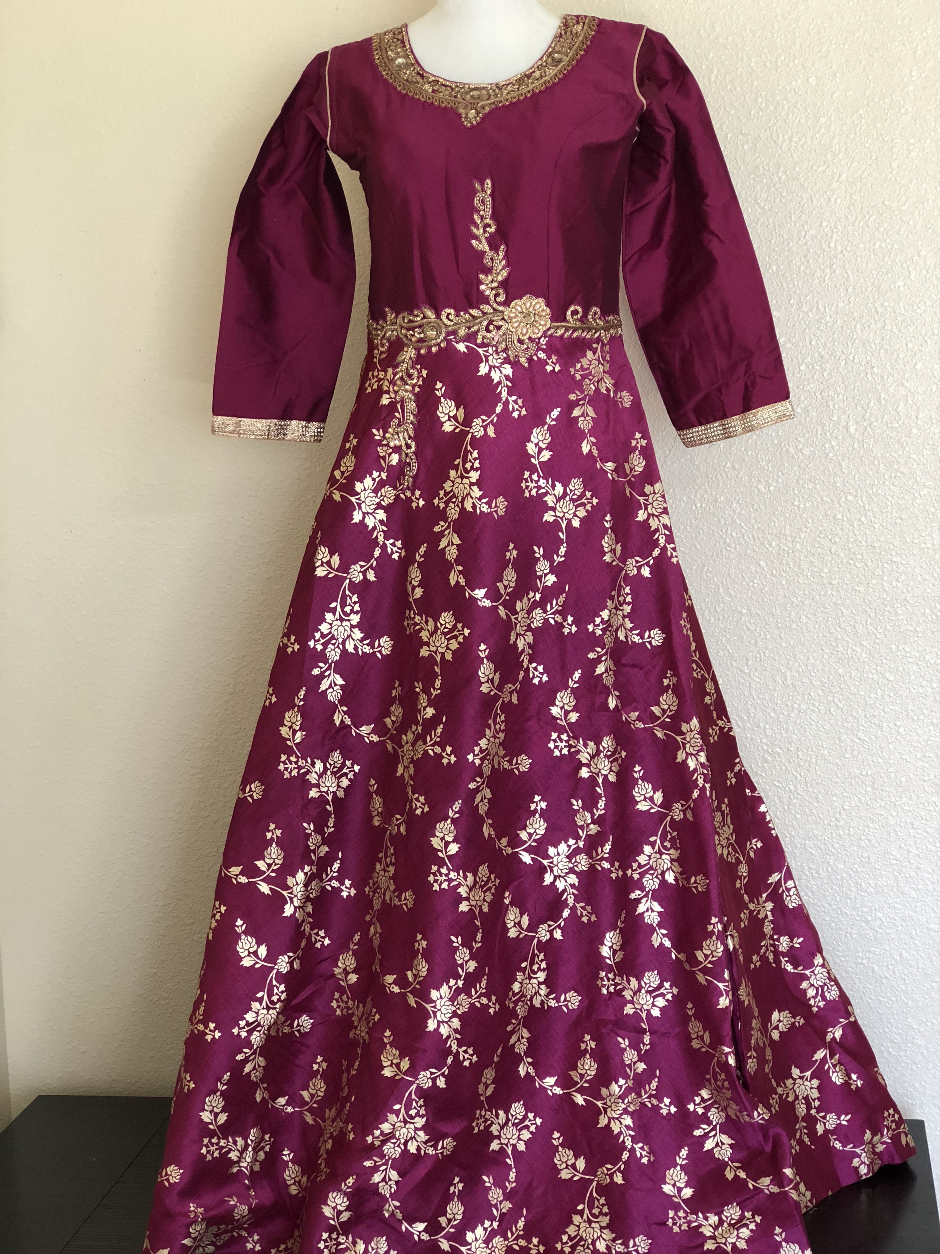 Purple Color - Raw Silk Anarkali Gown - Gold Block Print Embroidered