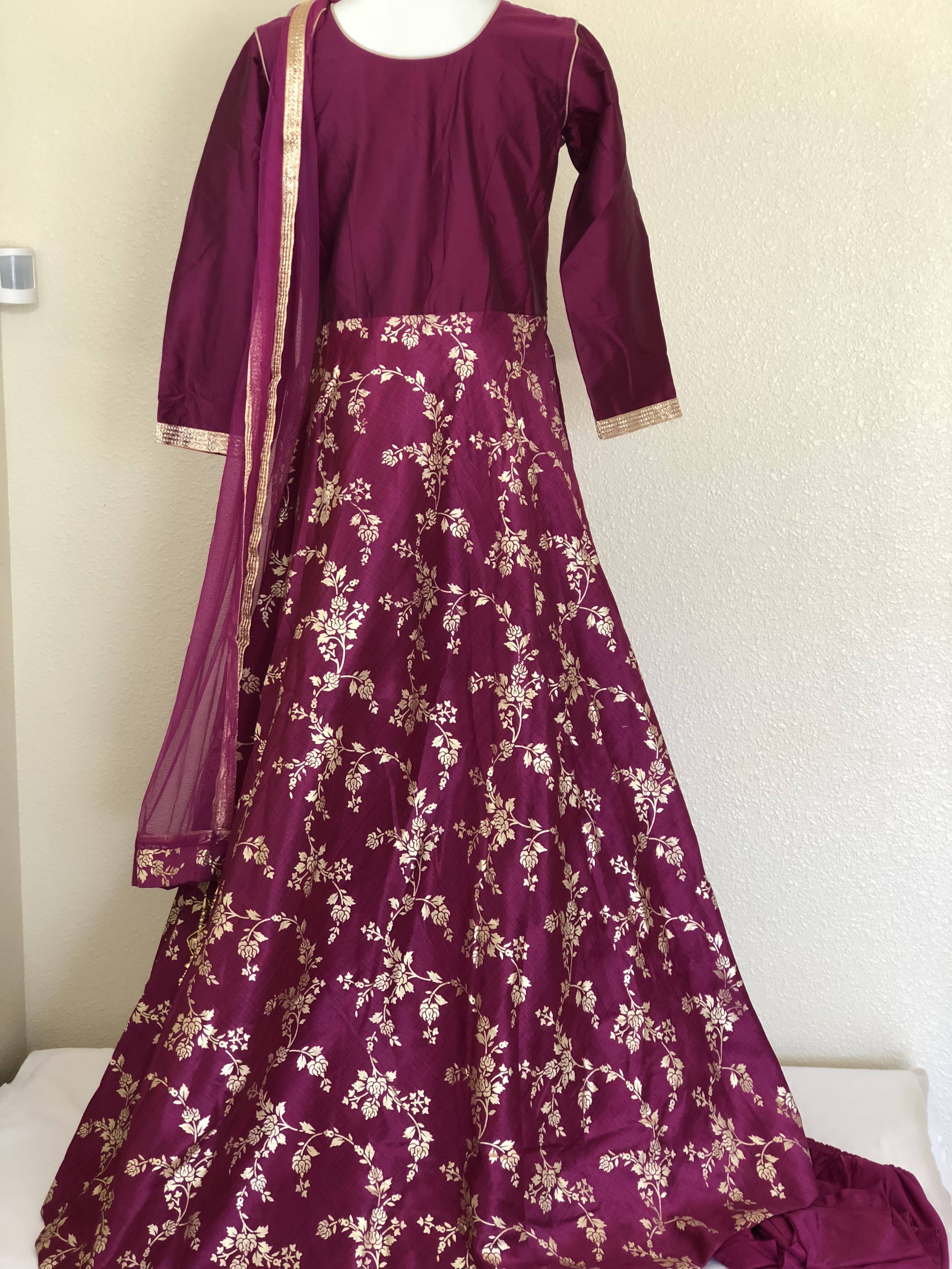 Purple Color - Raw Silk Anarkali Gown - Gold Block Print Embroidered