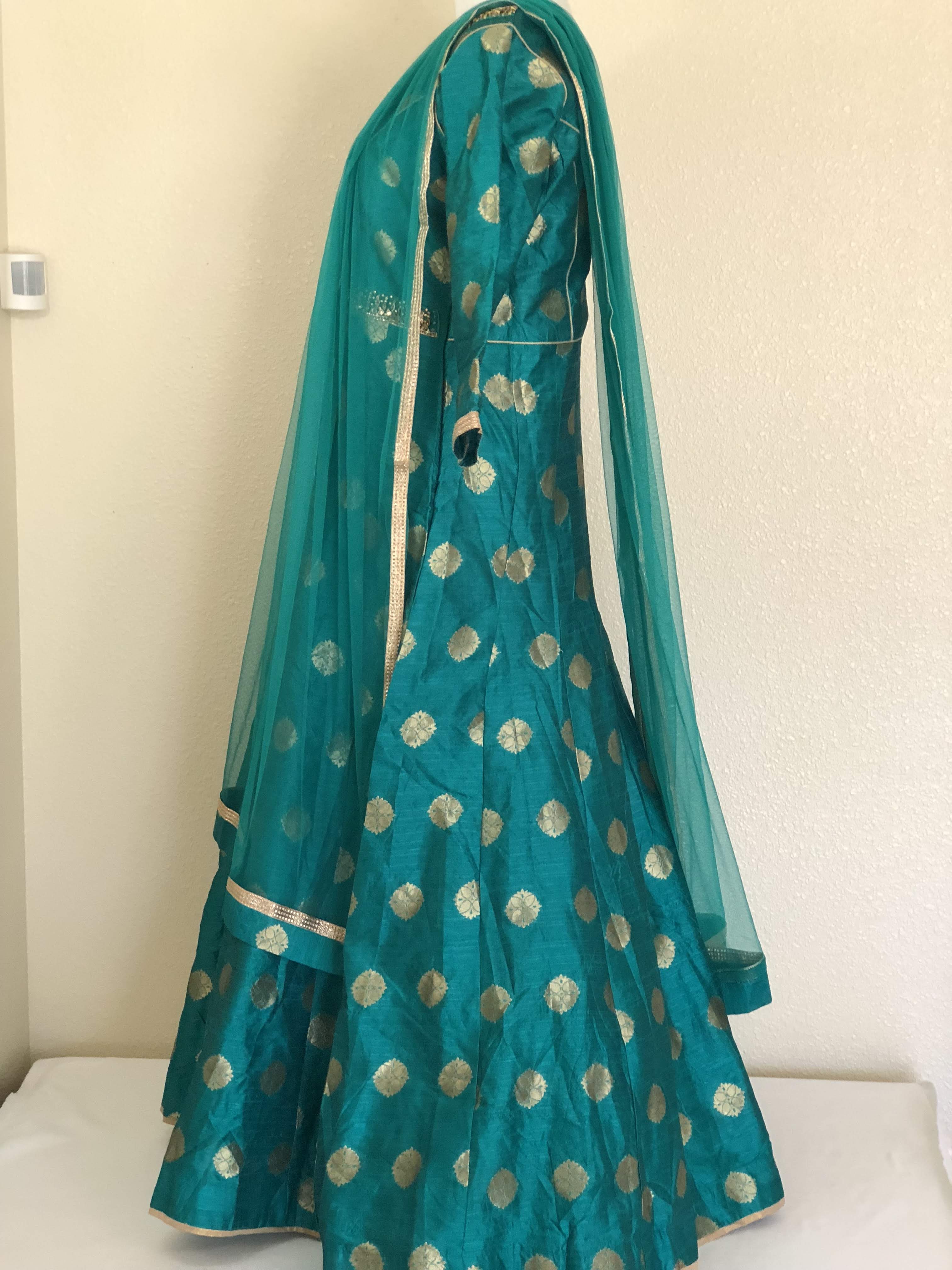 Green Color - Raw Silk Anarkali Gown Set - Gold Block Print - Small/Medium embroidered neckline