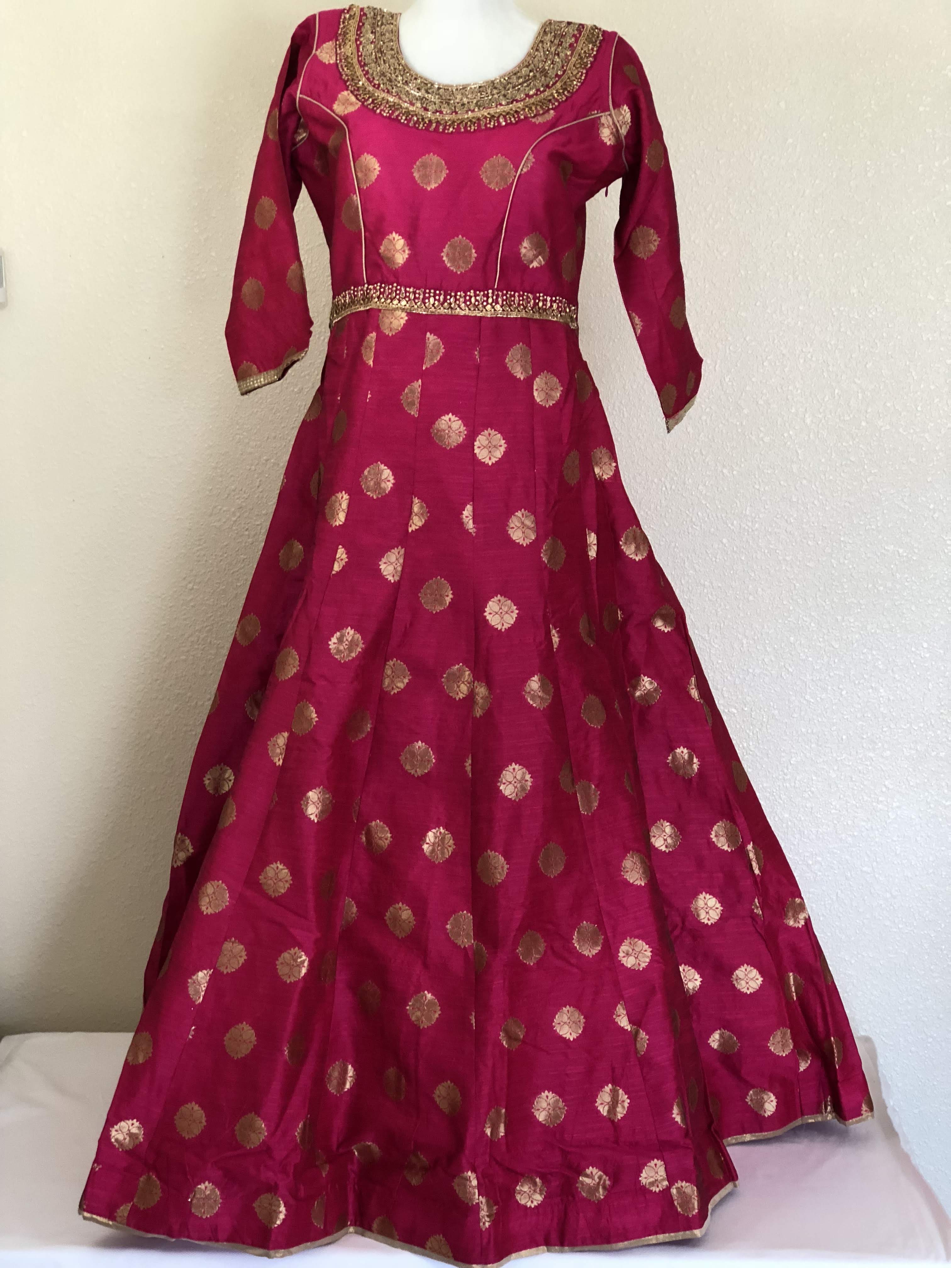 Pink Color - Raw Silk Anarkali Gown Set - Gold Block Print - Small/Medium embroidered neckline