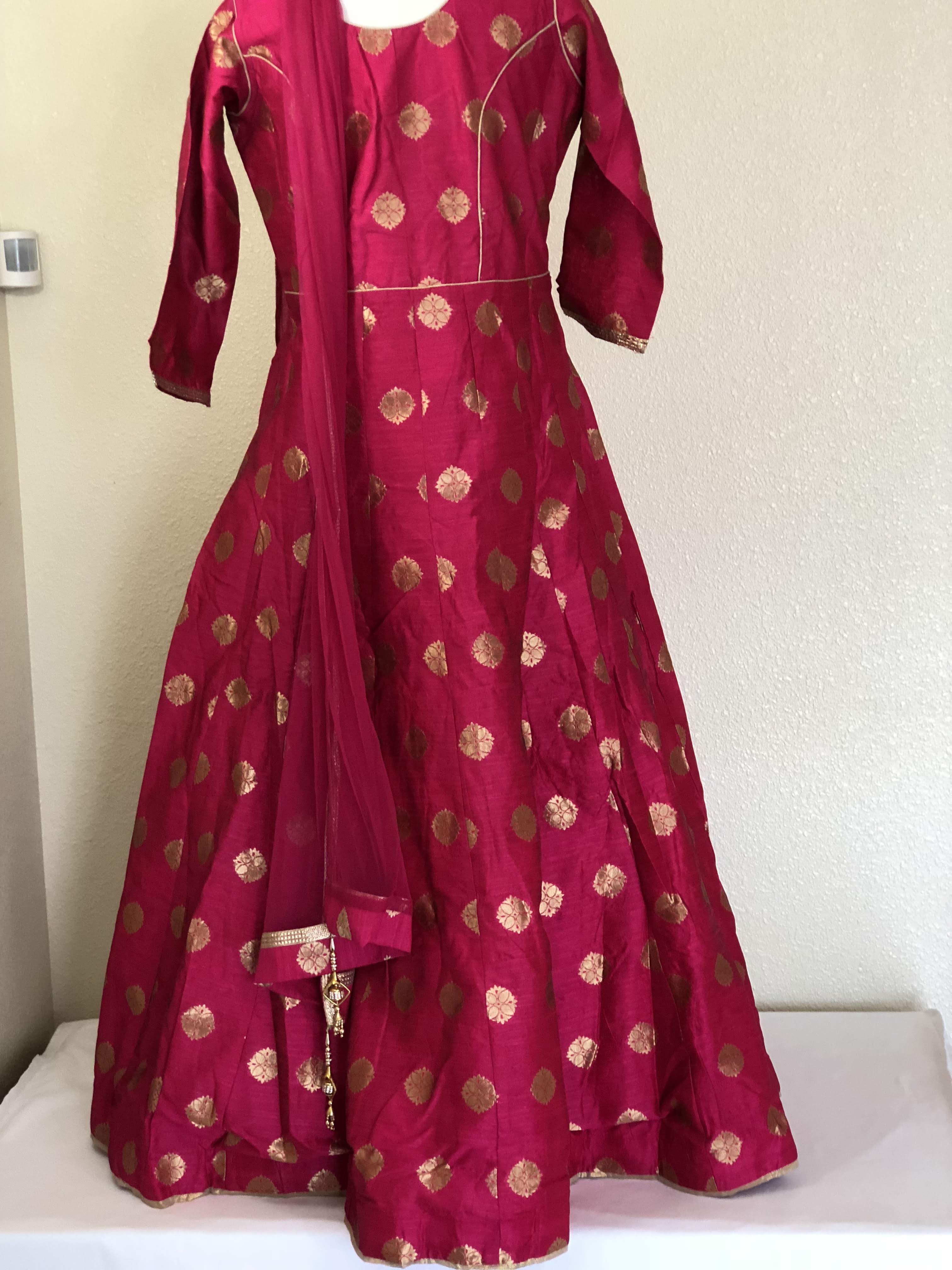 Pink Color - Raw Silk Anarkali Gown Set - Gold Block Print - Small/Medium embroidered neckline