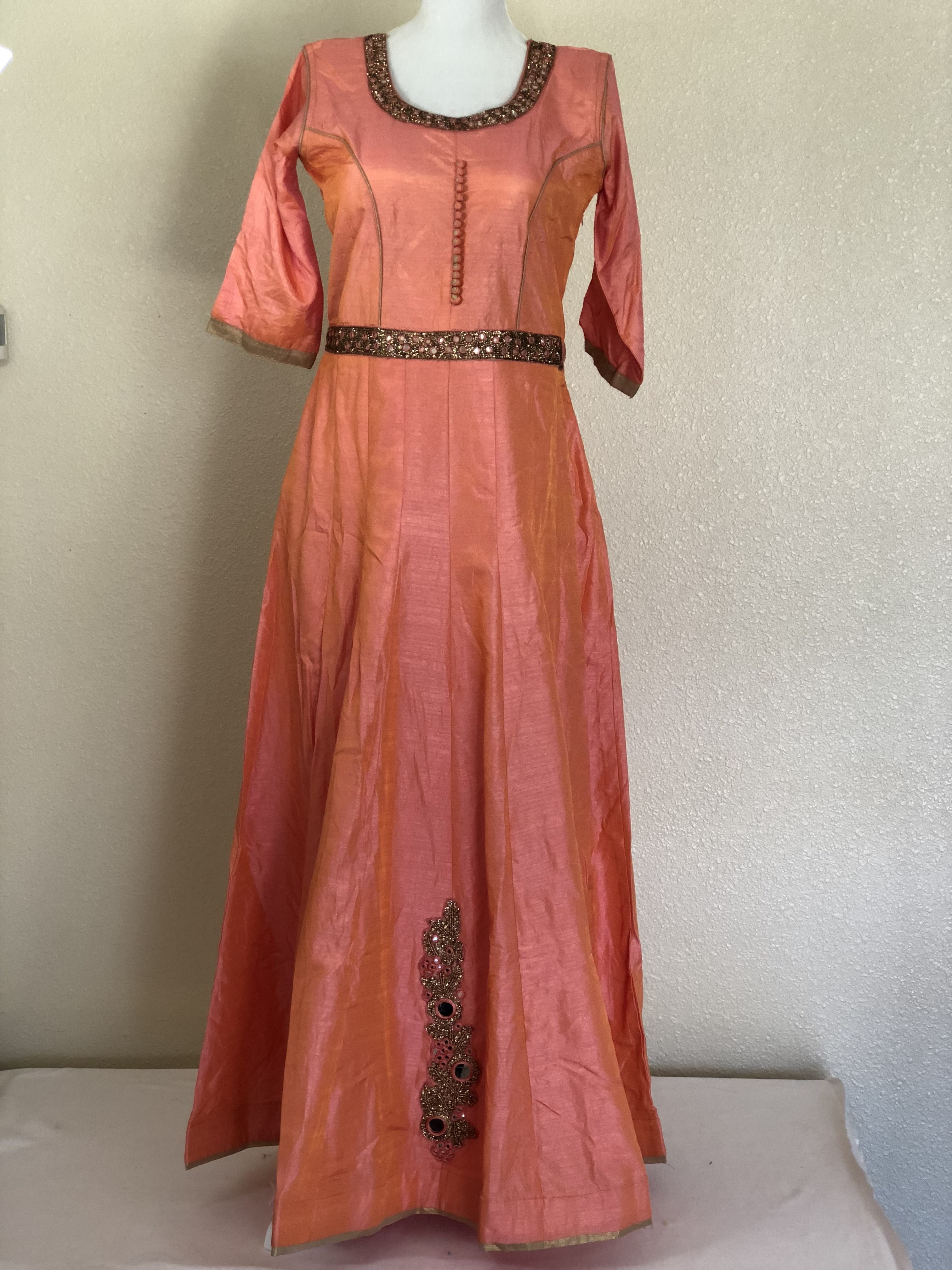 Peach Orange Color Anarkali Gown Set - Silk Embroidered Small/Medium embroidered neckline