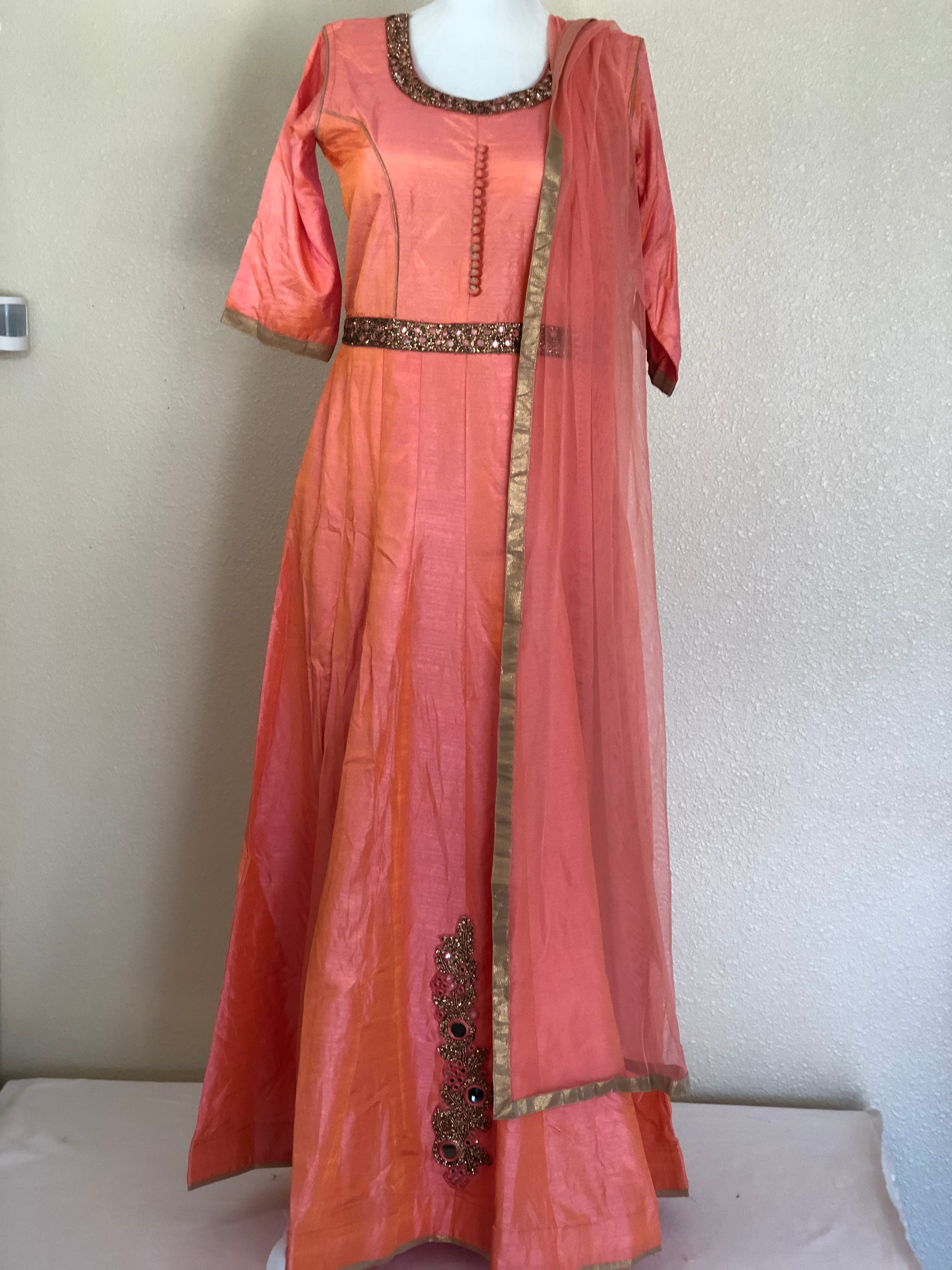 Peach Orange Color Anarkali Gown Set - Silk Embroidered Small/Medium embroidered neckline