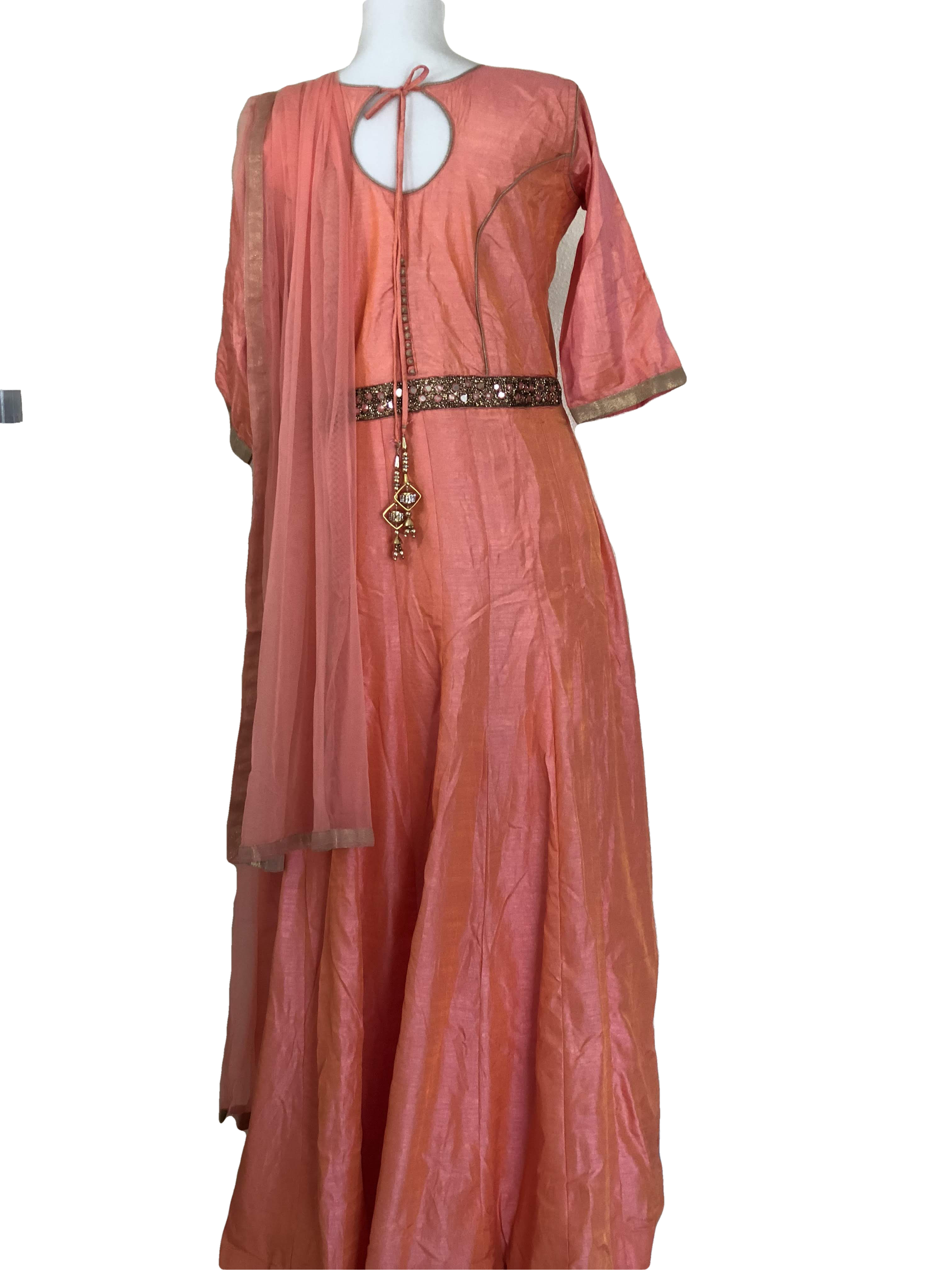 Peach Orange Color Anarkali Gown Set - Silk Embroidered Small/Medium embroidered neckline