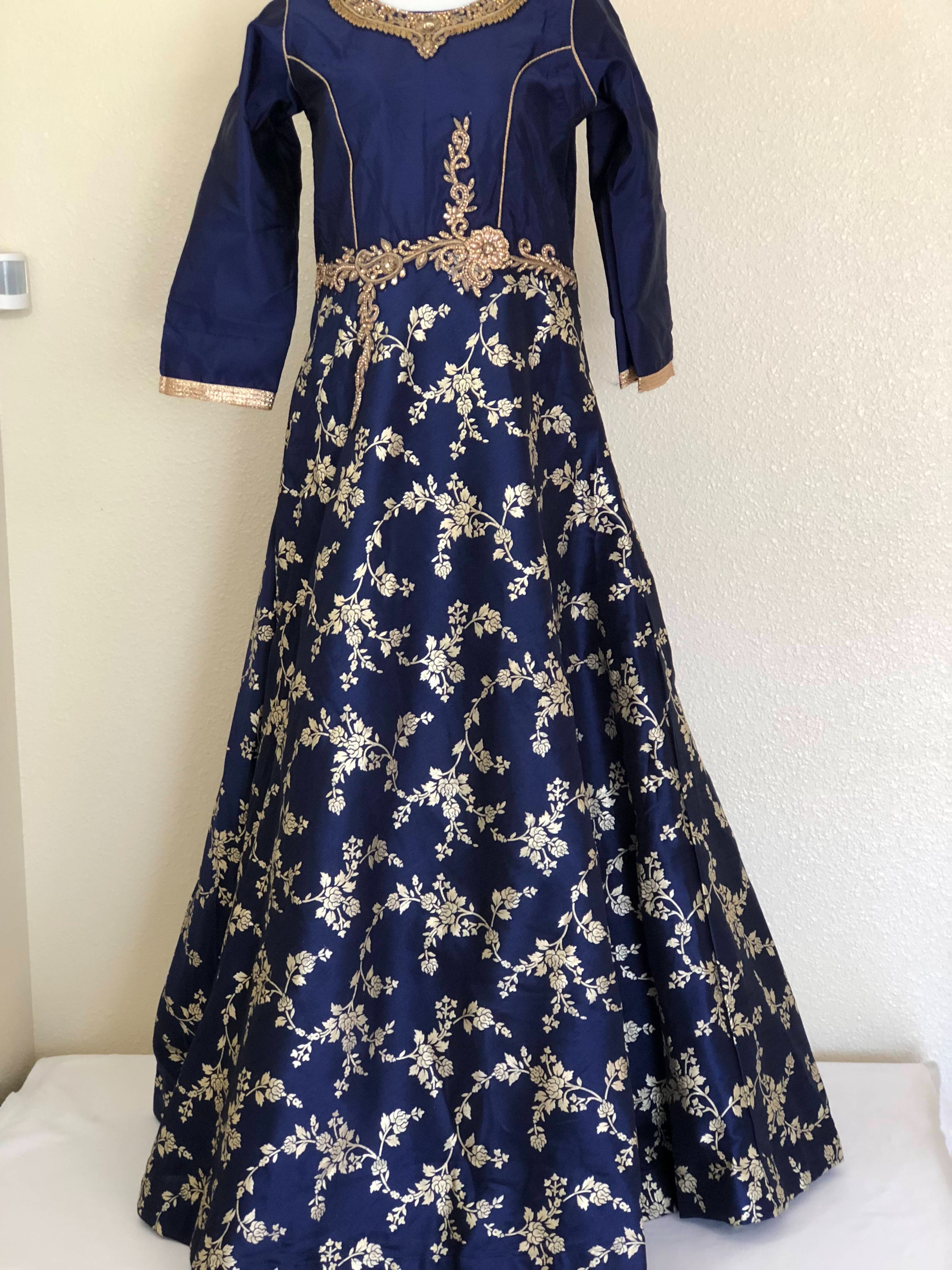 Navy Blue Color - Silk Anarkali Gown - Gold Block Print Embroidered