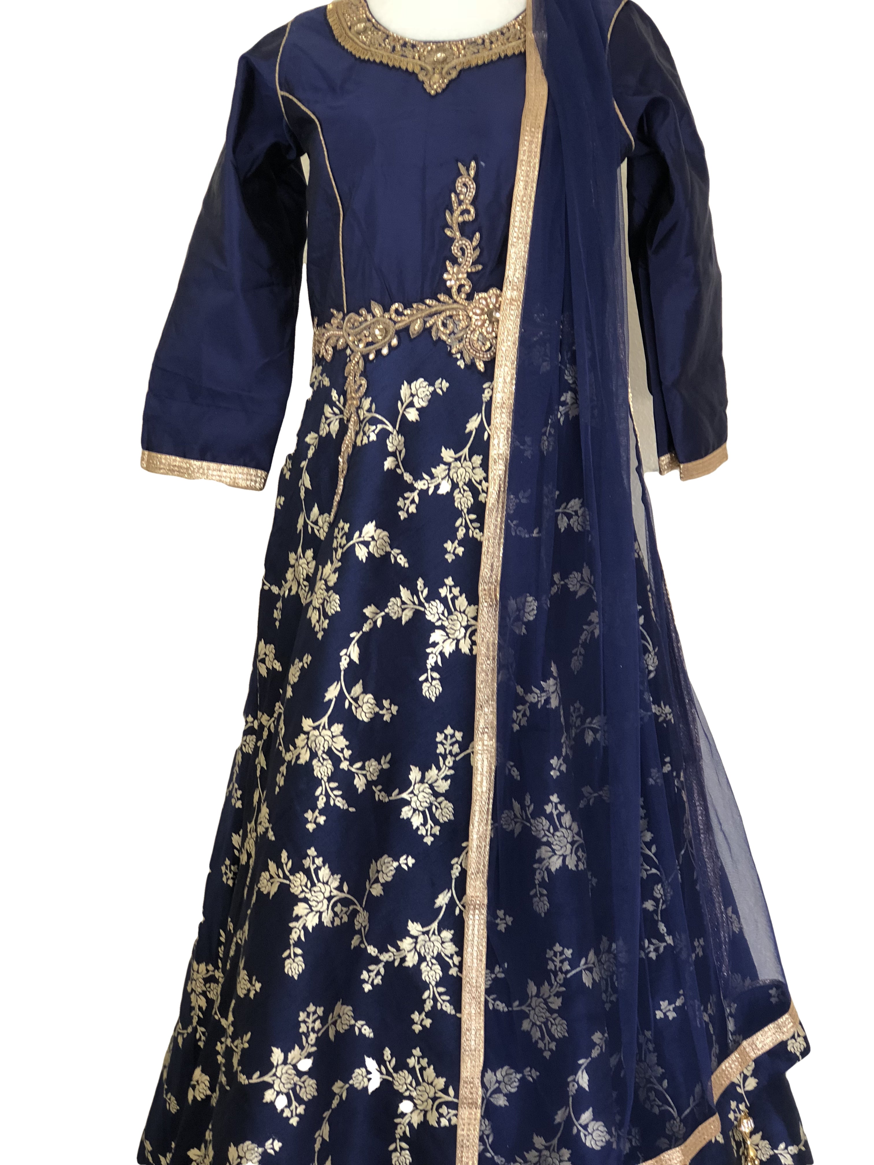 Navy Blue Color - Silk Anarkali Gown - Gold Block Print Embroidered