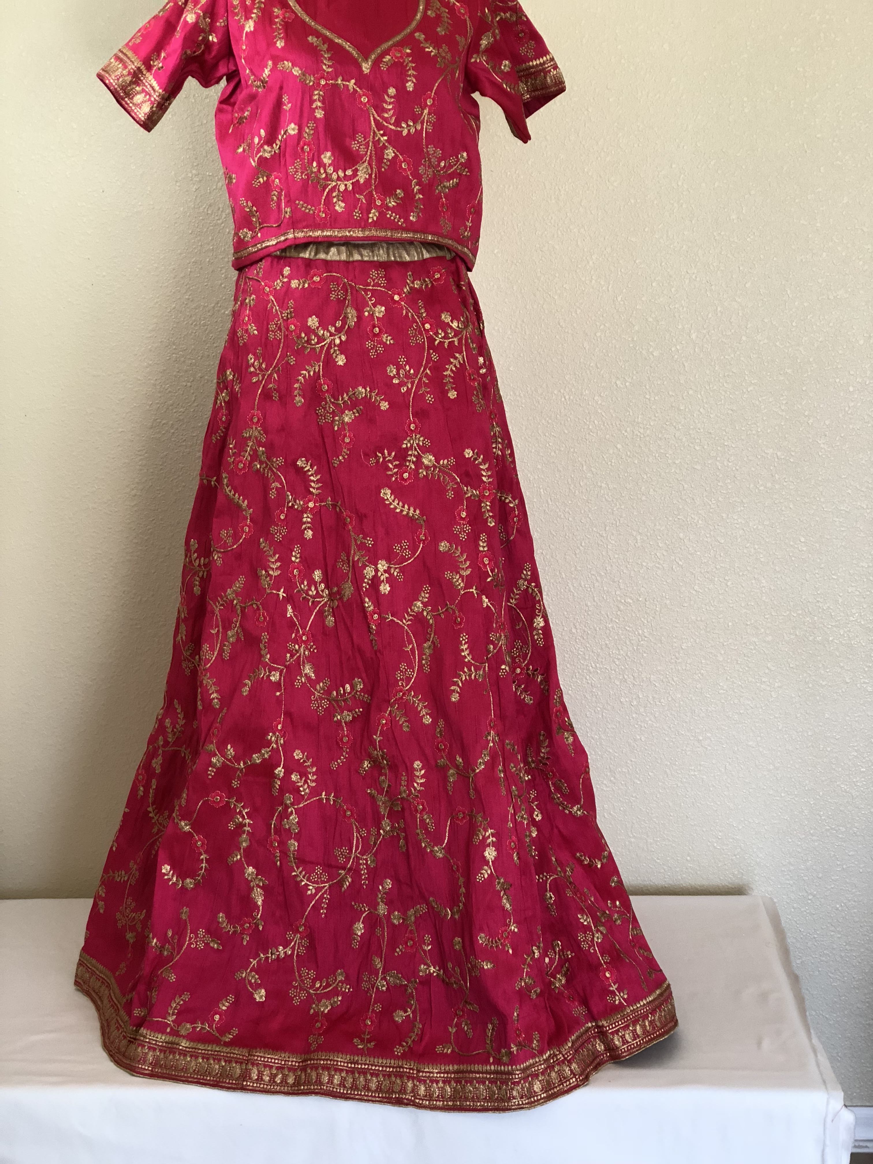 Hot Pink Color - Raw Silk, Embroidered - Lehenga Choli Set
