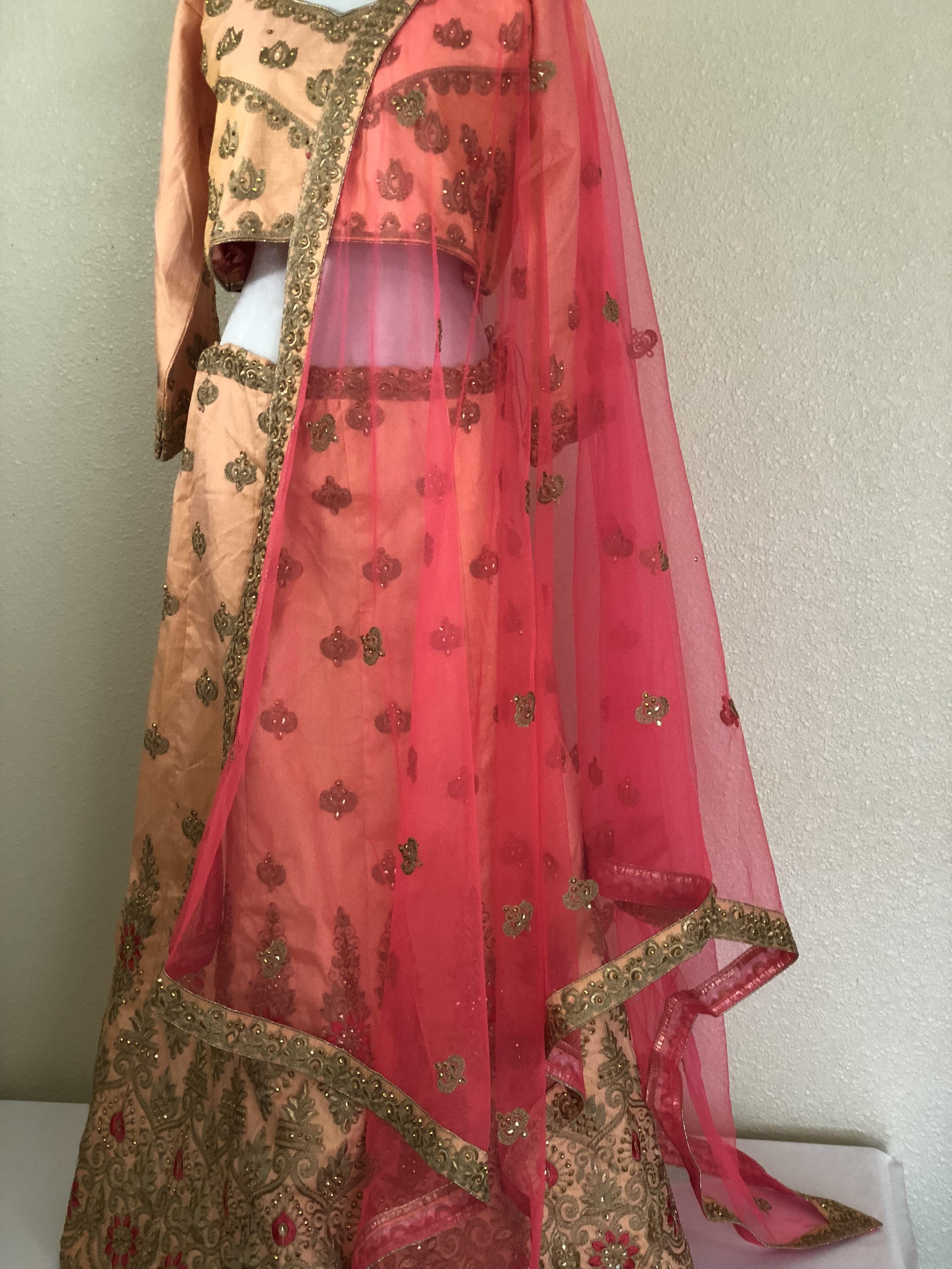 Peach Color - Raw Silk, Jewel Studded, Embroidered - Lehenga Choli set