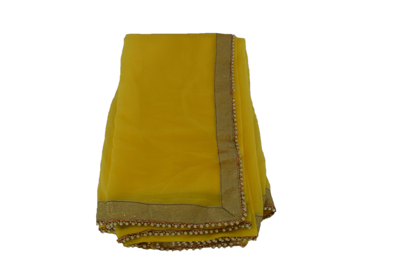 Yellow Color - Pure Marble Chiffon - Long Length Saree - Printed Blouse - Golden Lace & Pearl Beads - Graceful & Stylish