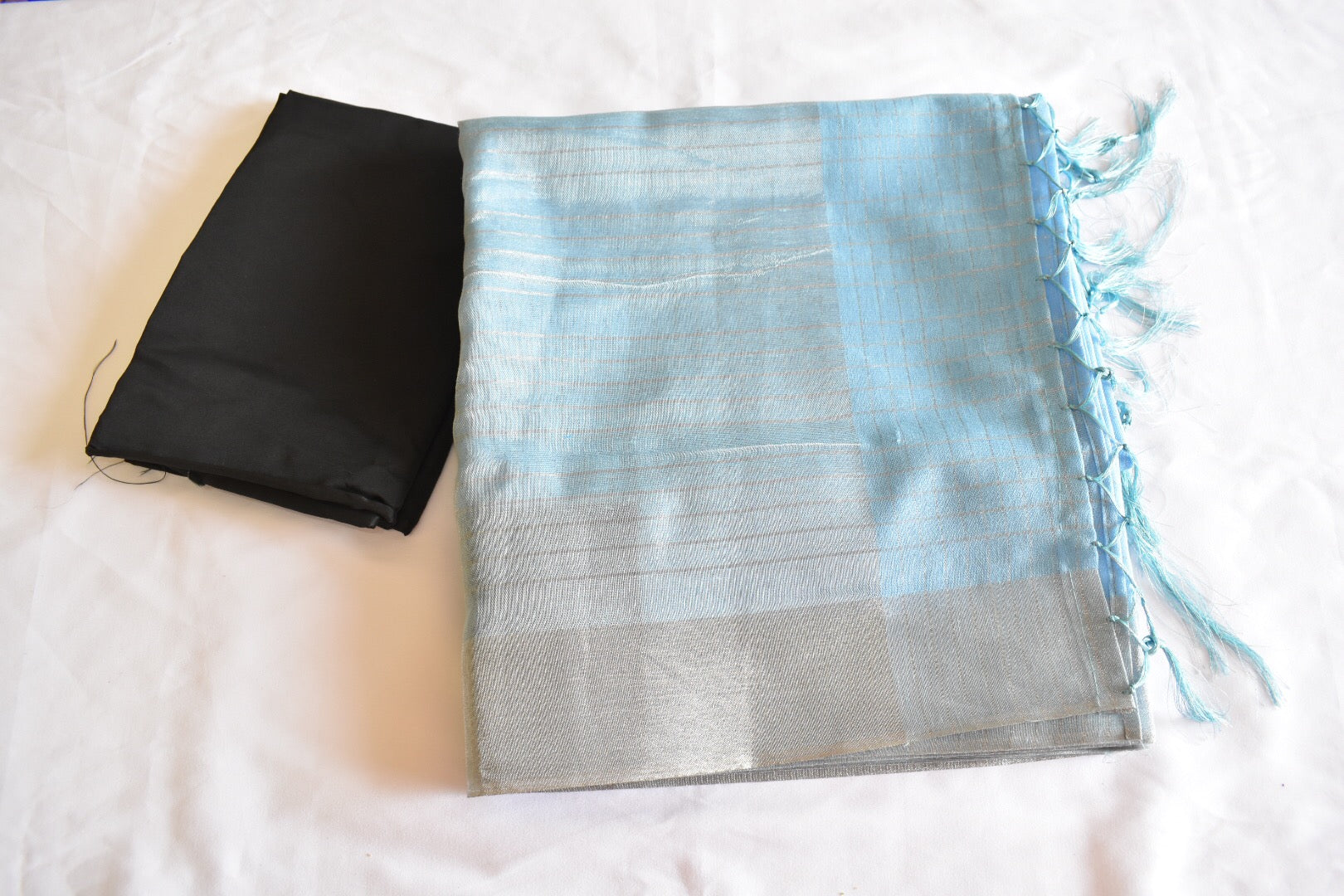 Pastel Blue Color -Silk Cotton Handloom Saree -  Silver Border And Lines
