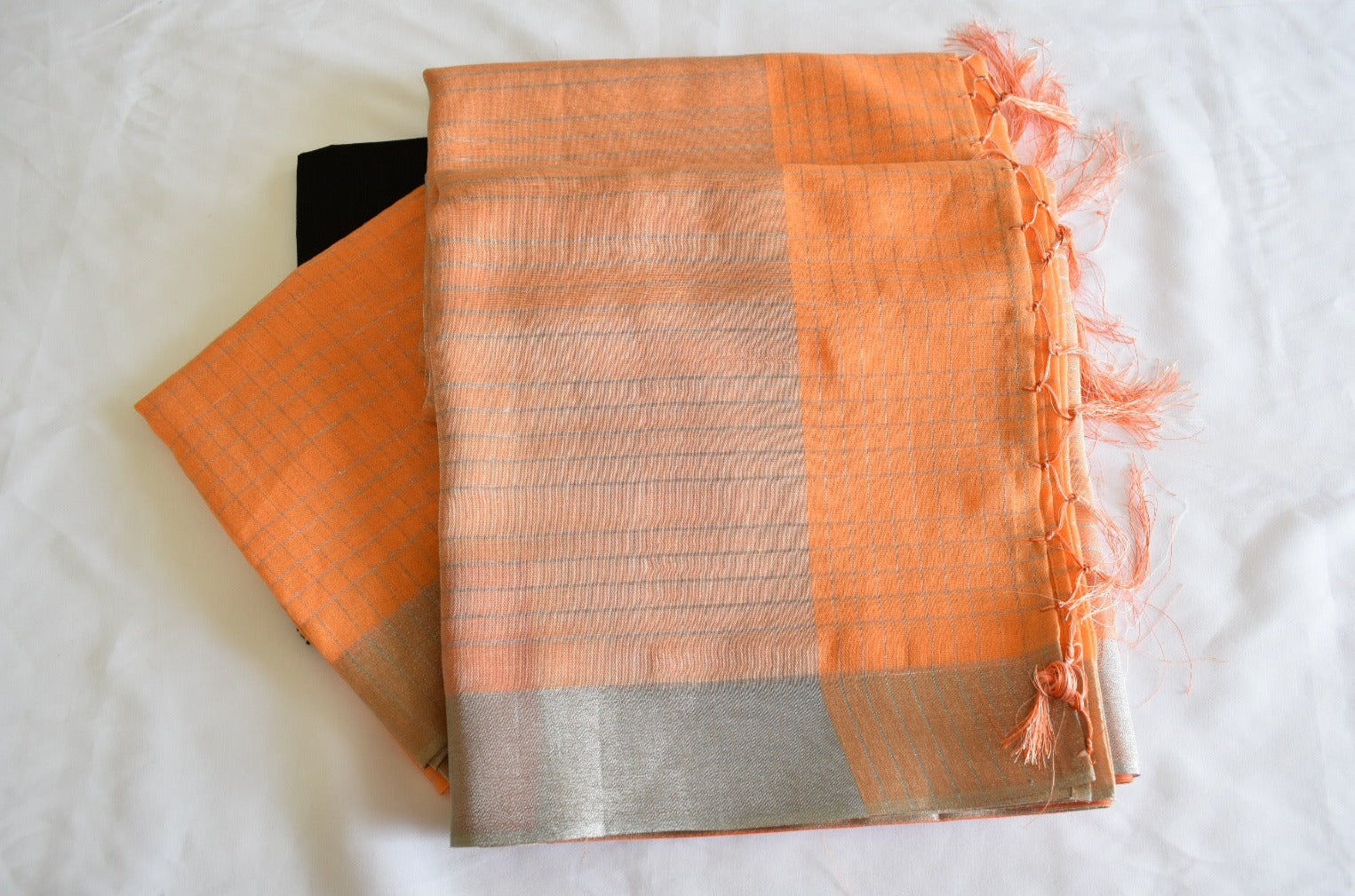 Pastel Peach Color -Silk Cotton Handloom Saree -  Silver Border And Lines