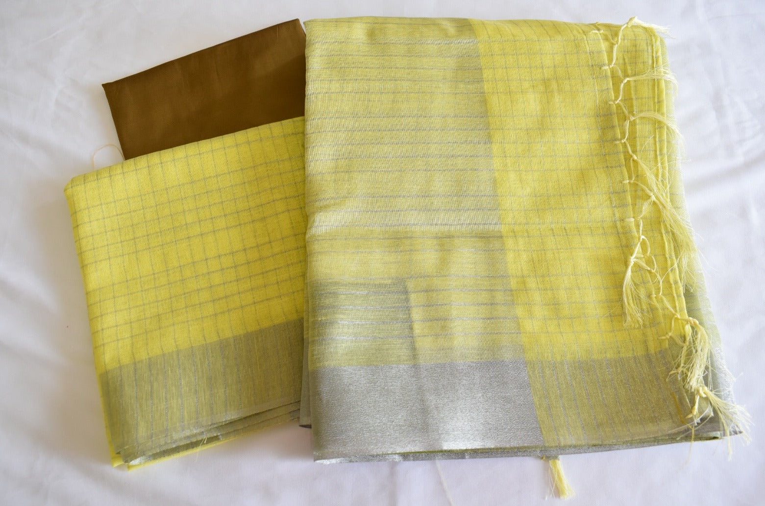 Pastel Yellow Color - Silk Cotton Handloom Saree -  Silver Border And Lines Party Wear Saree
