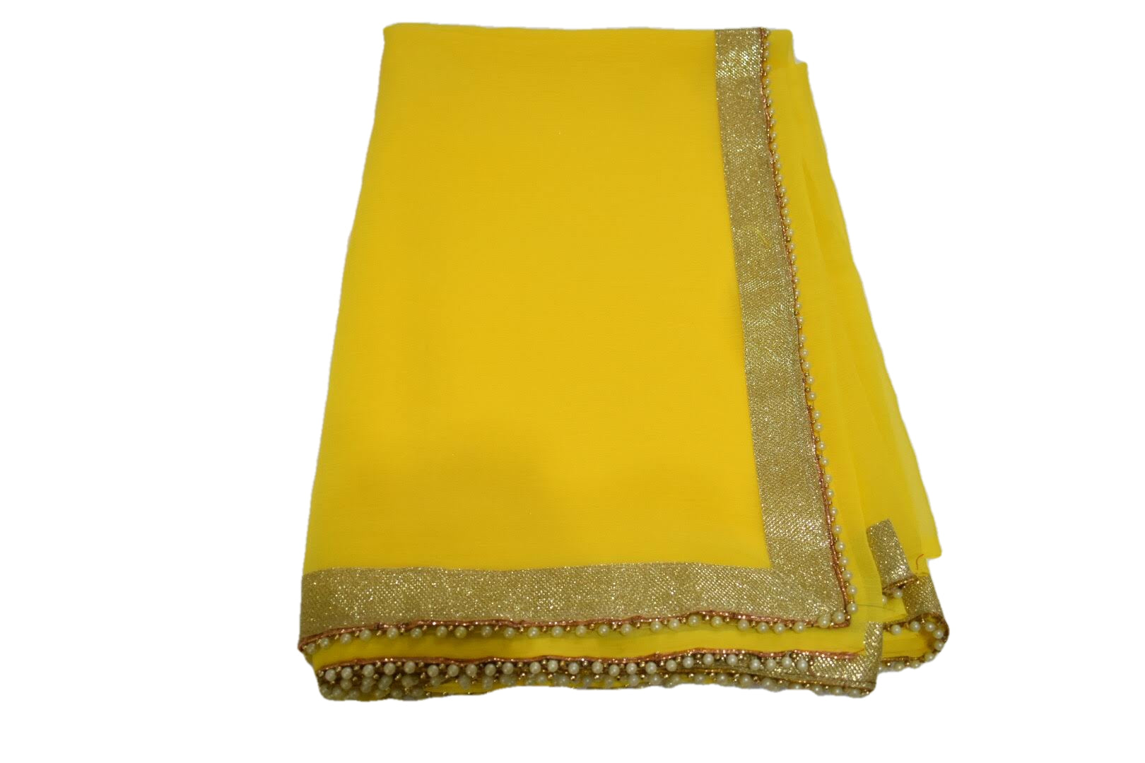 Yellow Color - Marble Textured Chiffon Saree - Golden Lace Border - Pearl Beads border