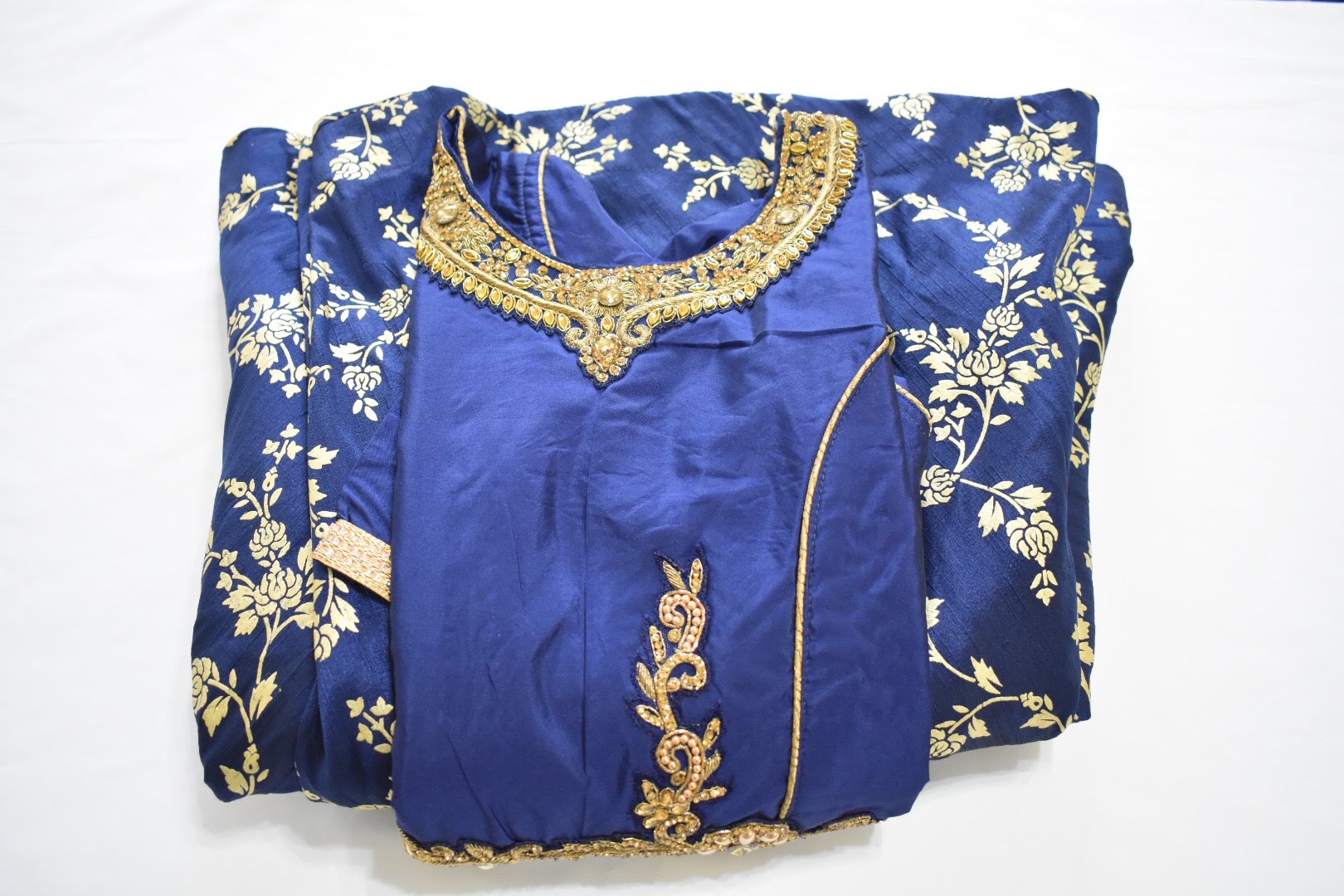 Navy Blue Color - Silk Anarkali Gown - Gold Block Print Embroidered