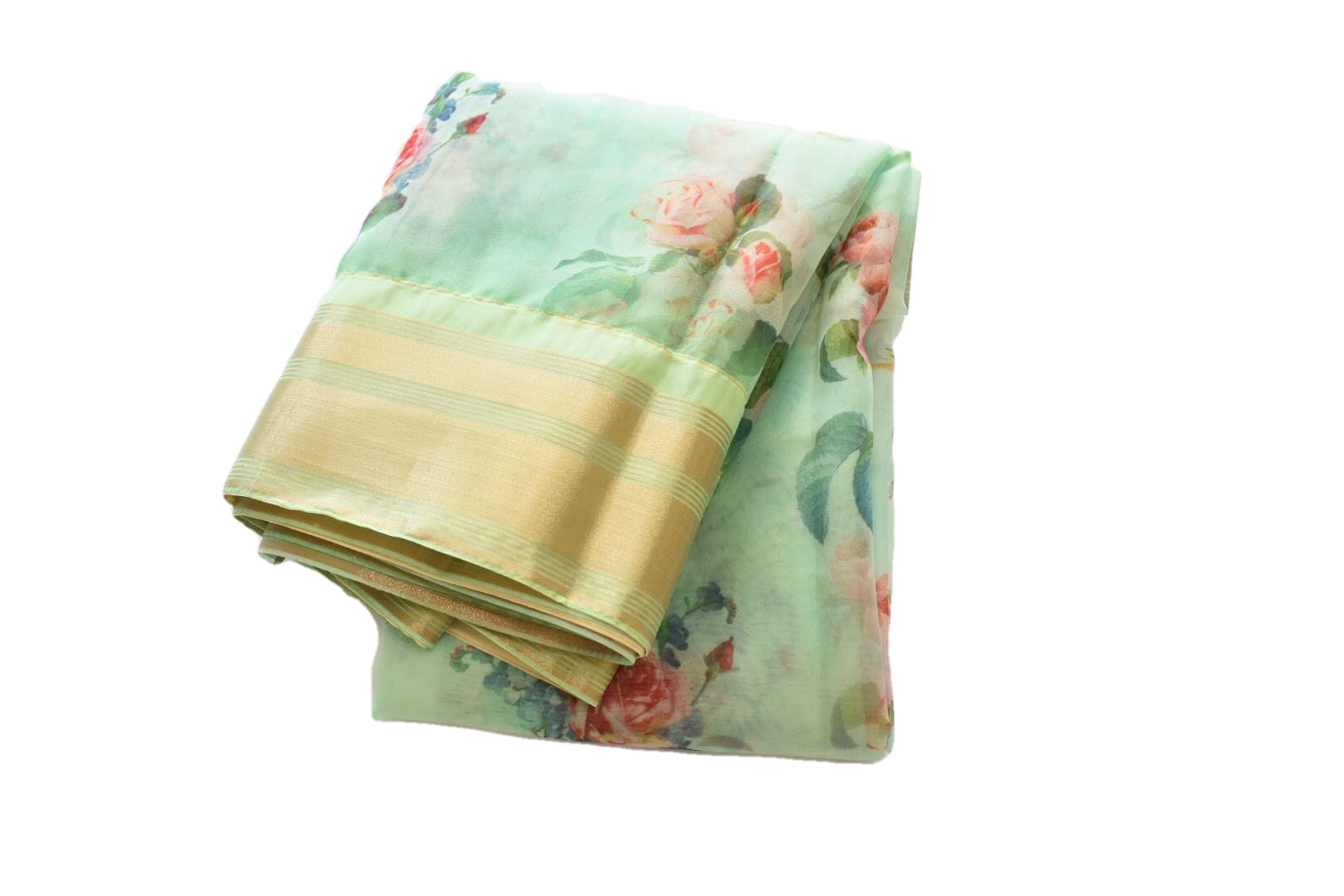 Pastel Green I - Organza Tussar Silk Saree -  Digital Print Floral  Pattern - Silk Zari Border And Pallu