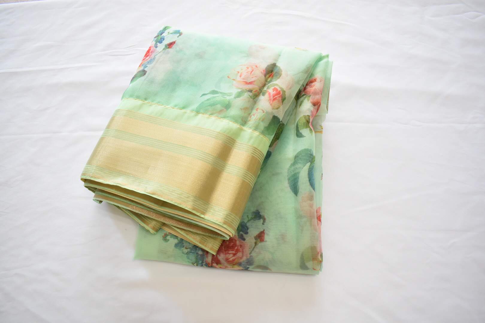 Pastel Green I - Organza Tussar Silk Saree -  Digital Print Floral  Pattern - Silk Zari Border And Pallu