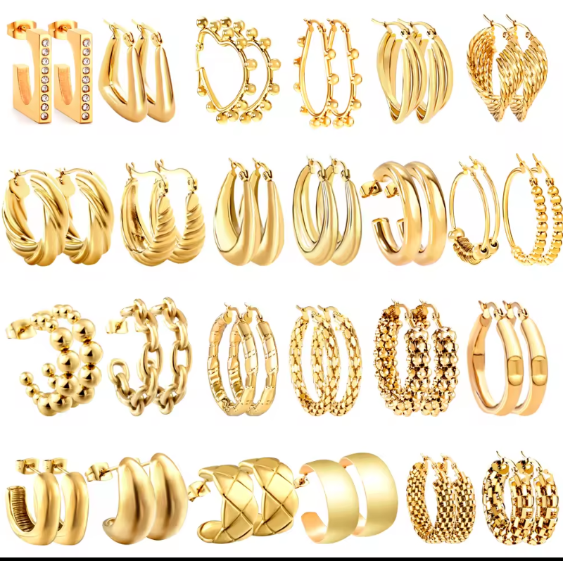 Luxury Stainless Steel Fashion Earrings set, 18k gold plated , light weight, around 18 to 20 pairs.