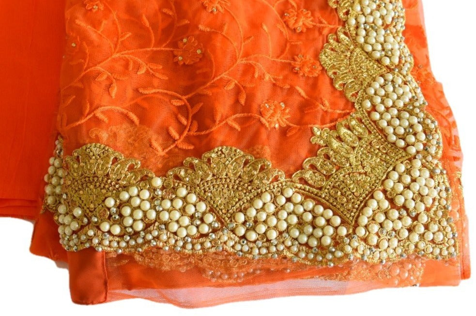 Orange Color - Chiffon Net Saree - Resham Thread Embroidery - Faux Pearl And Stone Work Color