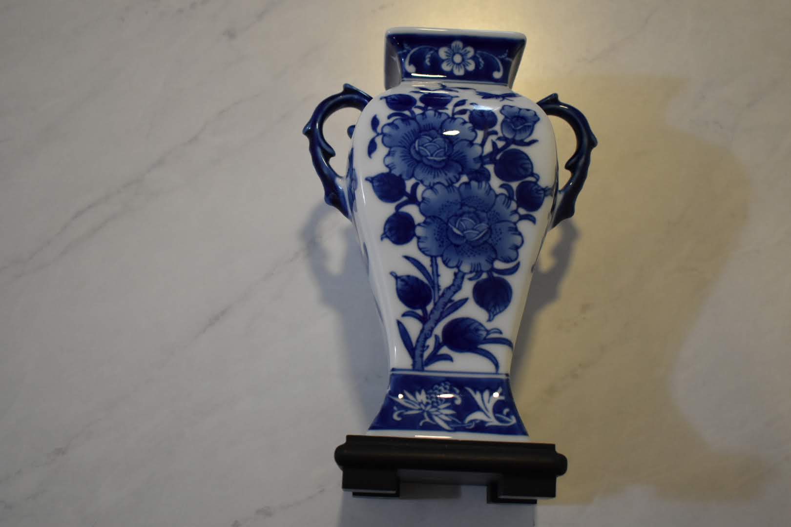 Blue White Floral Design- Ceramic Porcelain Oriental - Mid Century Vase With Handles - Wood Base
