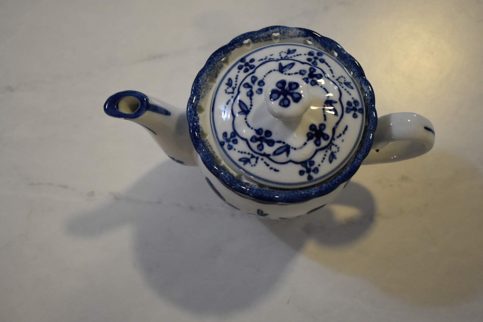 Blue White Floral Design - Ceramic Porcelain Oriental - Mid Century Small Teapot - Wall Decor - Table Decor
