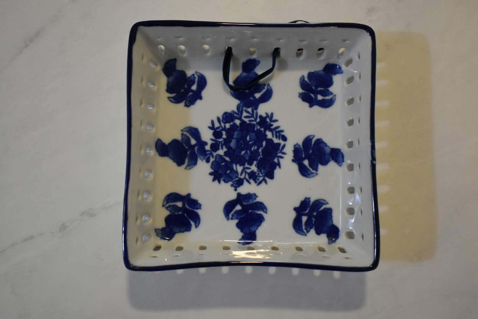 Blue White Floral Design- Ceramic Oriental Mid Century Square Plate  - Wall Decor - Table Decor