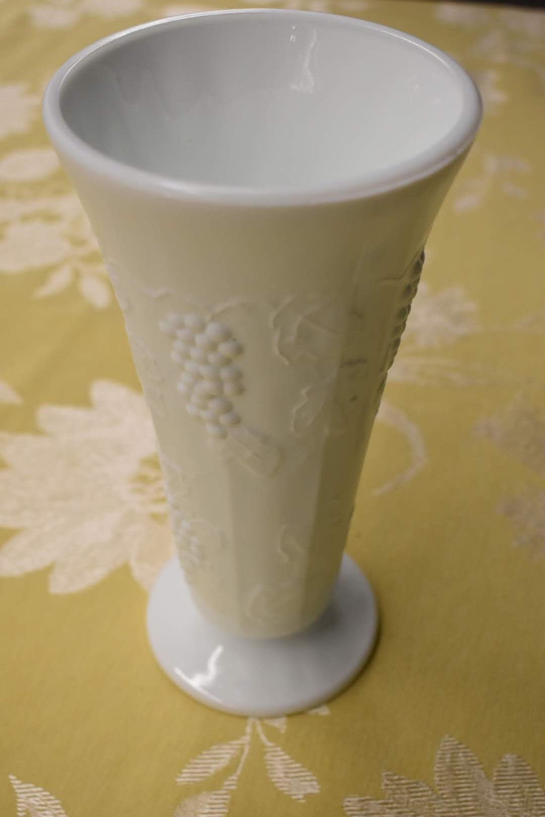 Porcelain Milk Glass - Collectible - Tall Vase - Grape Vine Emboss pattern