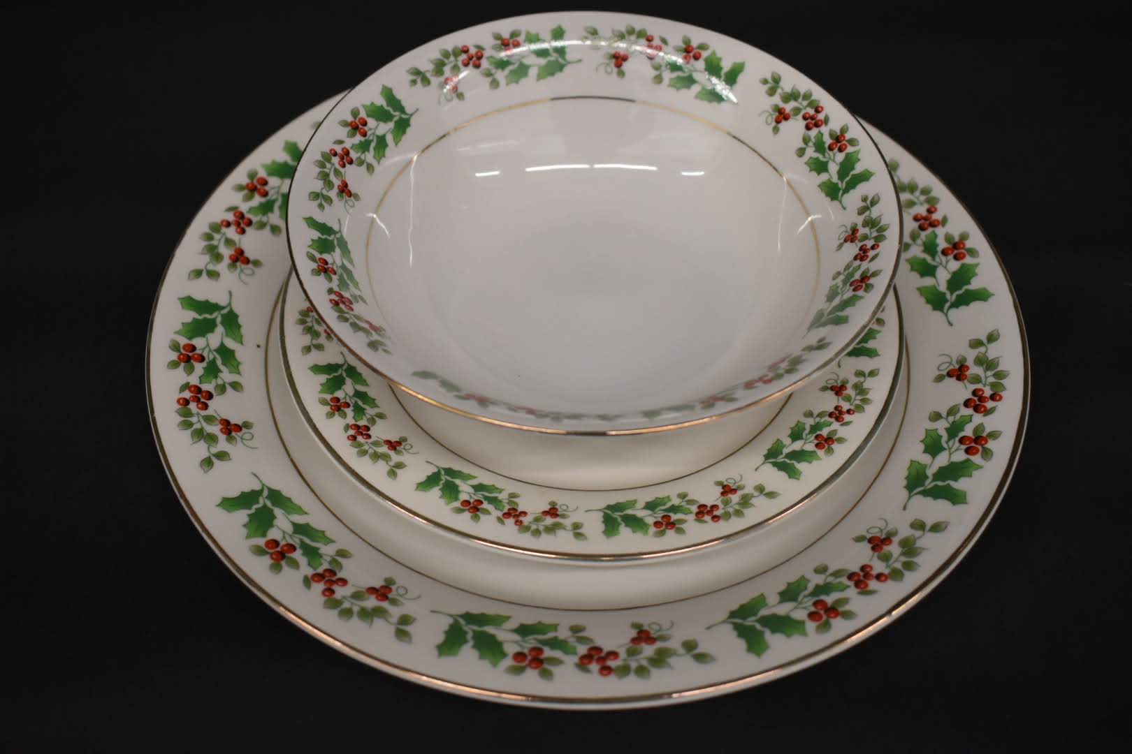 Holiday Holly Pattern - Mid Century Gold Trim Porcelain Fine China - 3 Piece Dinner Set