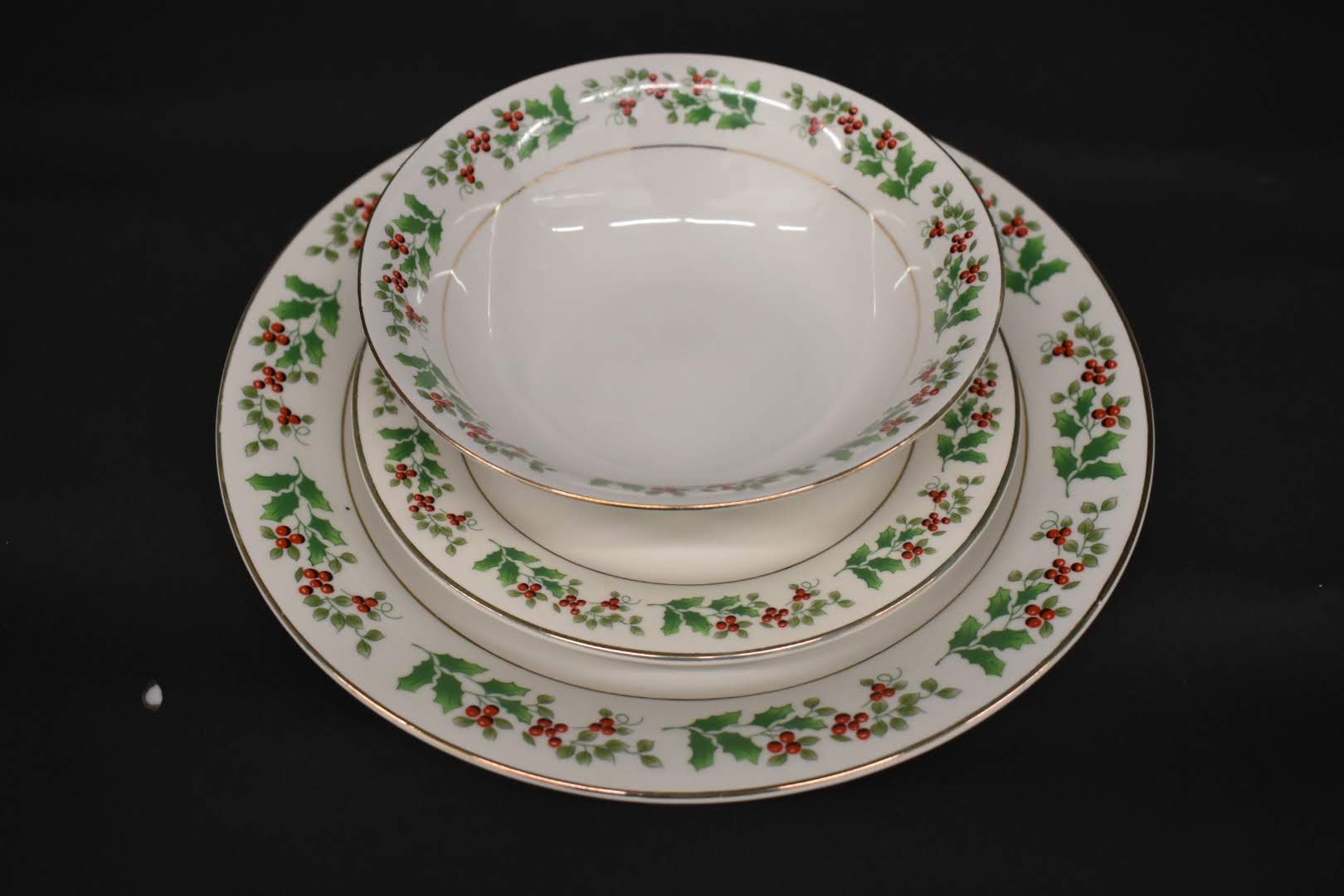 Holiday Holly Pattern - Mid Century Gold Trim Porcelain Fine China - 3 Piece Dinner Set