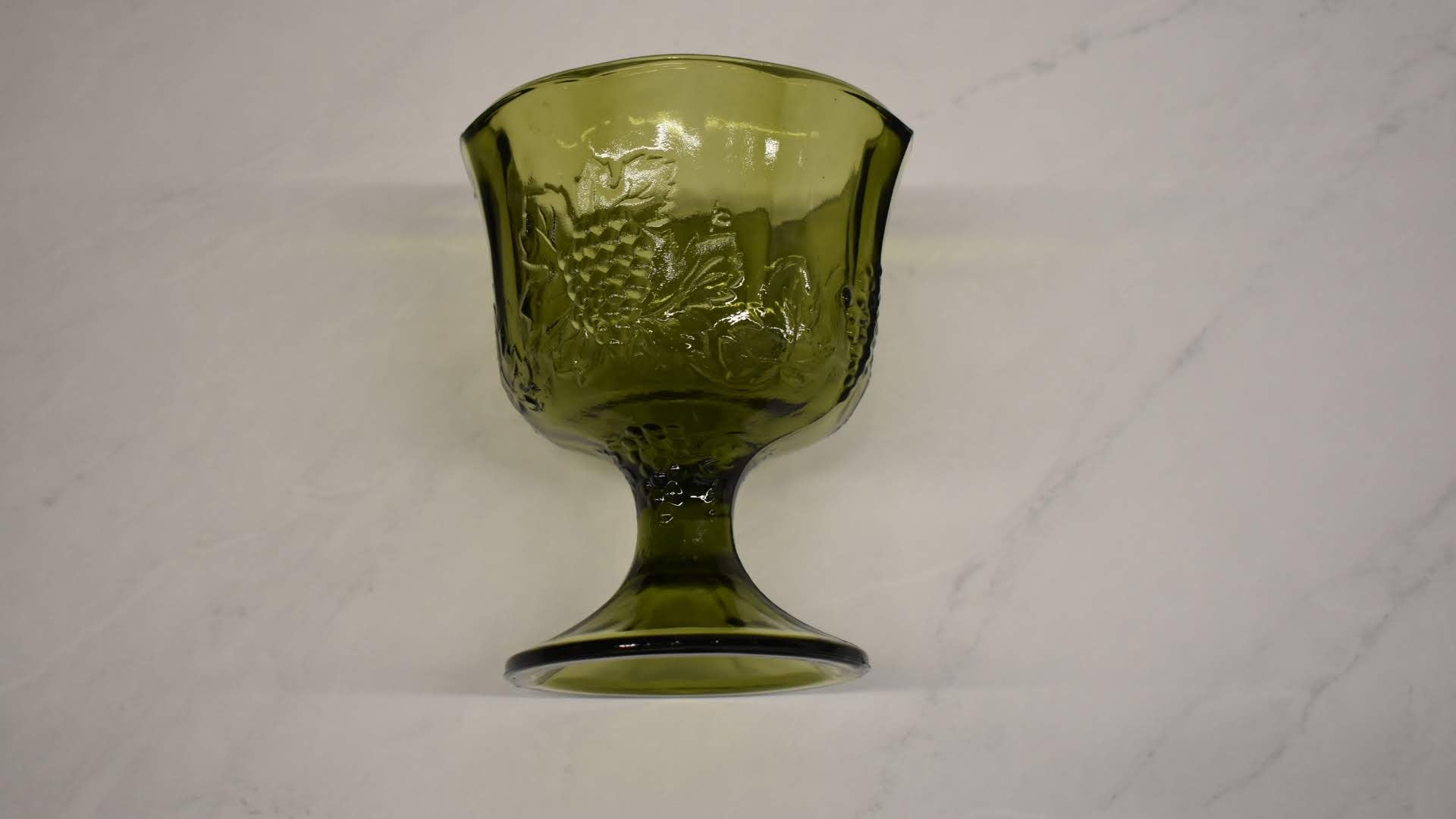 Crystal Mid Century Glass - Green Color - Grape Emboss Pattern - Pedestal Bowl