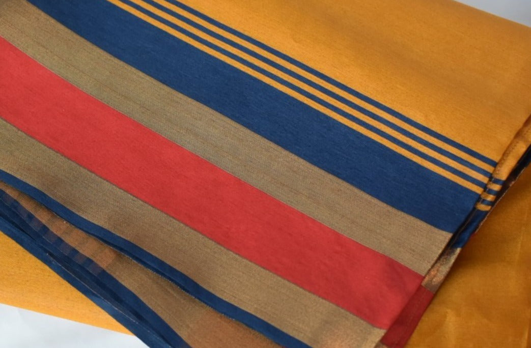 Silk Blend Saree - Dark Yellow Color - Gold, Blue and Red Color Border