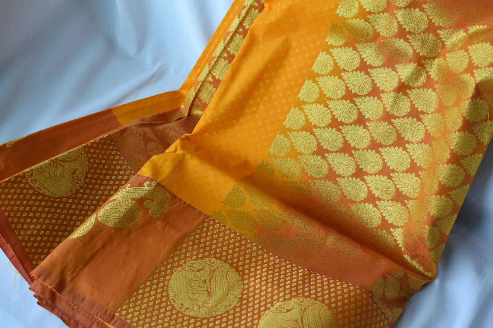 Yellow Gold Color - Silk Saree - Silk Zari Thread - Peacock Veena Pattern