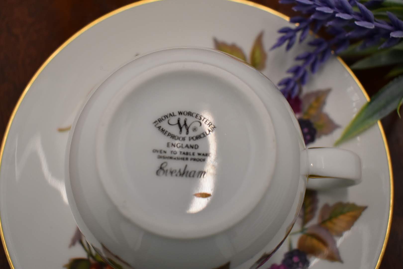 Royal Worchester Evesham - Fine Porcelain China - Cup and Saucer - Gold Trim - From England