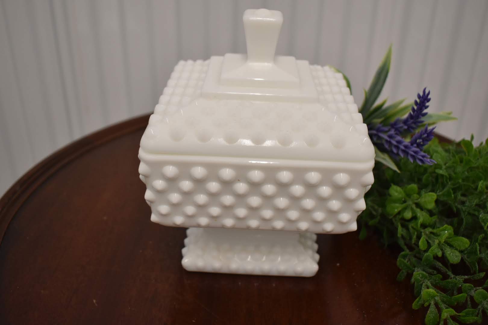 Porcelain Opaque Milk Glass - Polka Dot Emboss - Collectible - Pedestal Candy Bowl