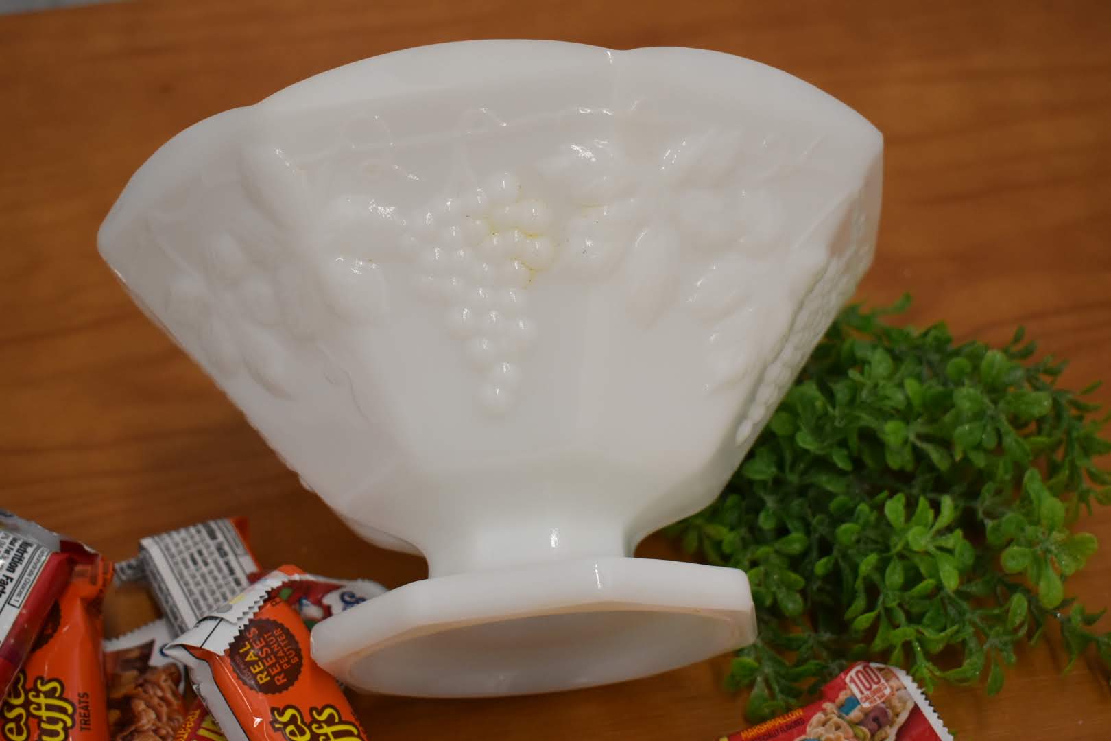 Porcelain Opaque Milk Glass - Grape Vine Emboss - Collectible - Chip, Cereal Bar Bowl