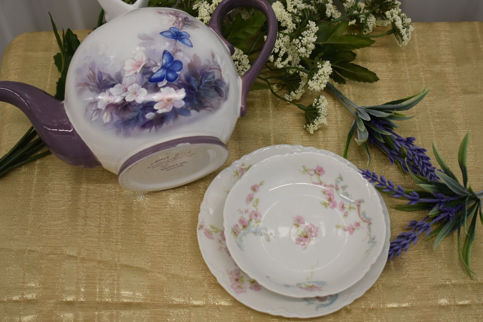 Limoges Haviland Fine Porcelain China - Pastel Floral Pattern - Cookie plate, Condiment Bowl and  - Lena Liu Ceramic Tea Coffee Pot - From France