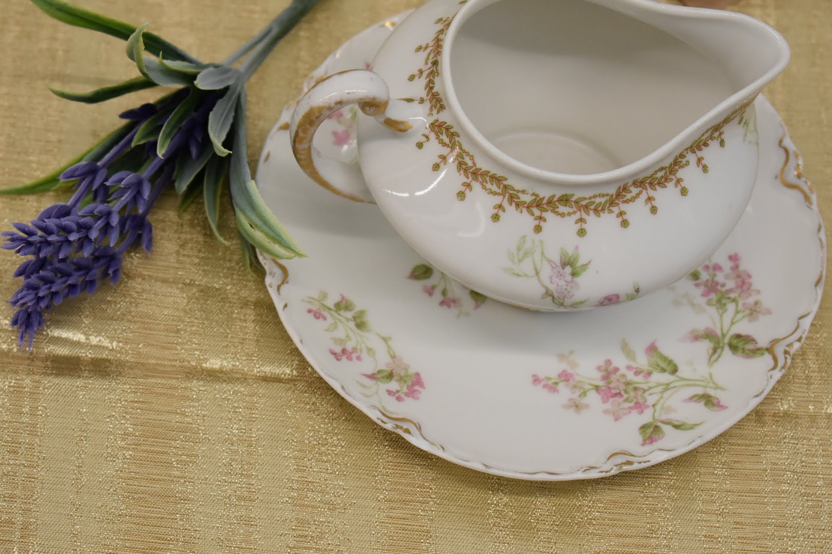 Limoges Haviland - Fine Porcelain China - Cookie Plates And Creamer - Pink Floral Pattern With Gold Trim - From France